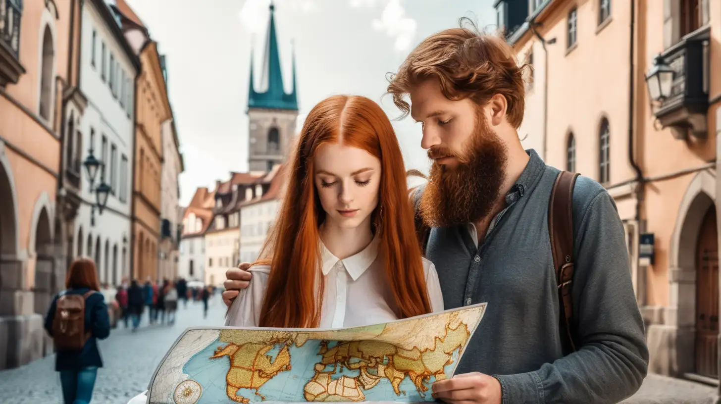 traveling pair with small map in historical city ambient. She long redhead hair, European 30 years old. He has short black hair with glass and beard European 36 years old cute environment. 