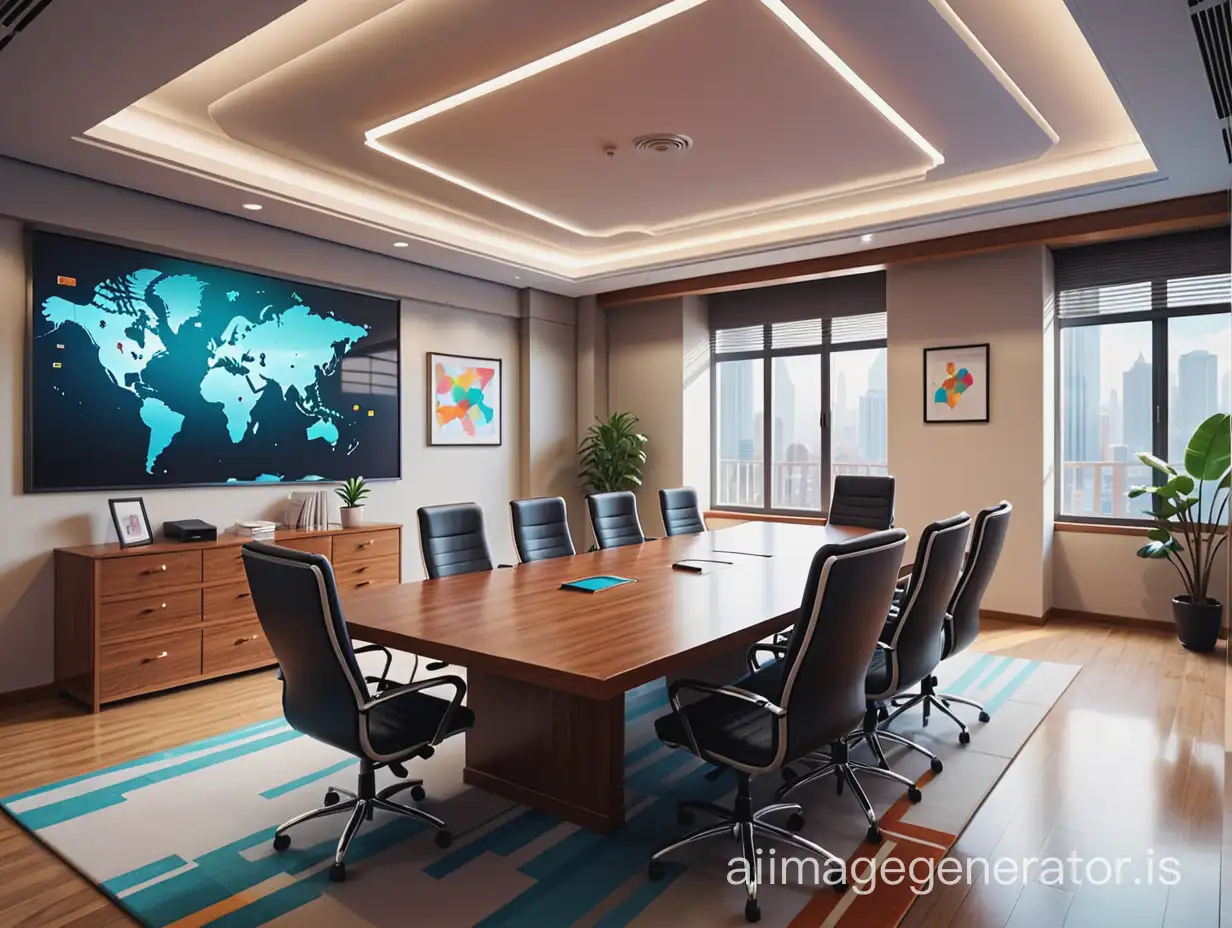 close-up view of office meeting room, stuff everywhere, multiple stuff in meeting room, realistic 2d , game background, architecture, 2d art, game illustration