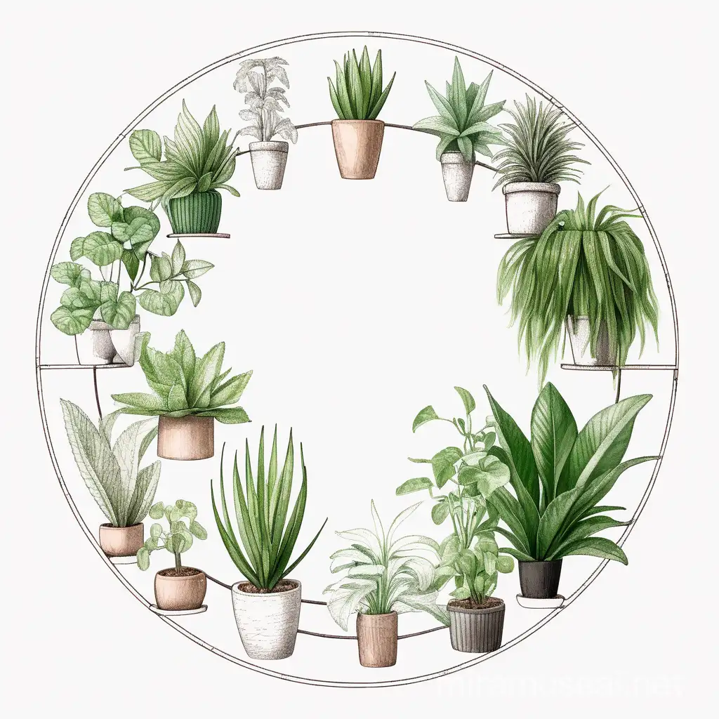 a sketch of a bunch of different indoor green plants in a circular display on a white background