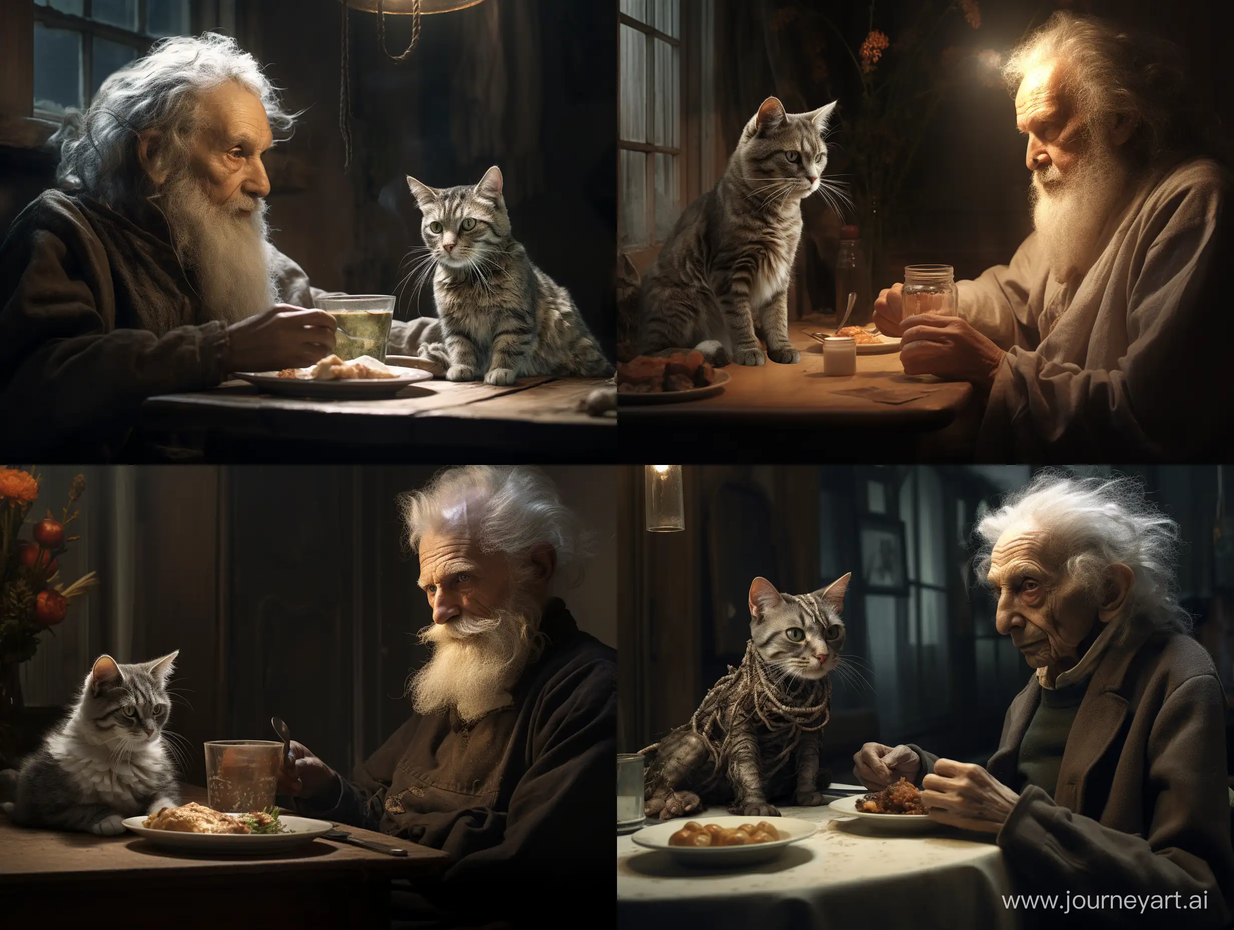 Elderly-Cyborg-Sharing-Dinner-with-His-Ancient-Feline-Companion