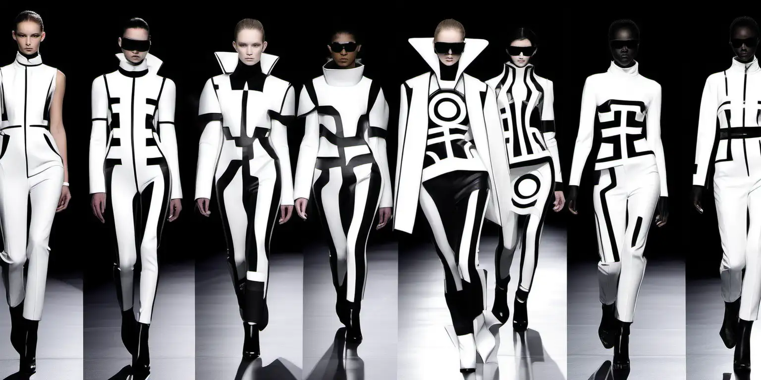 futuristic abstract black and white outfits on a dark runway