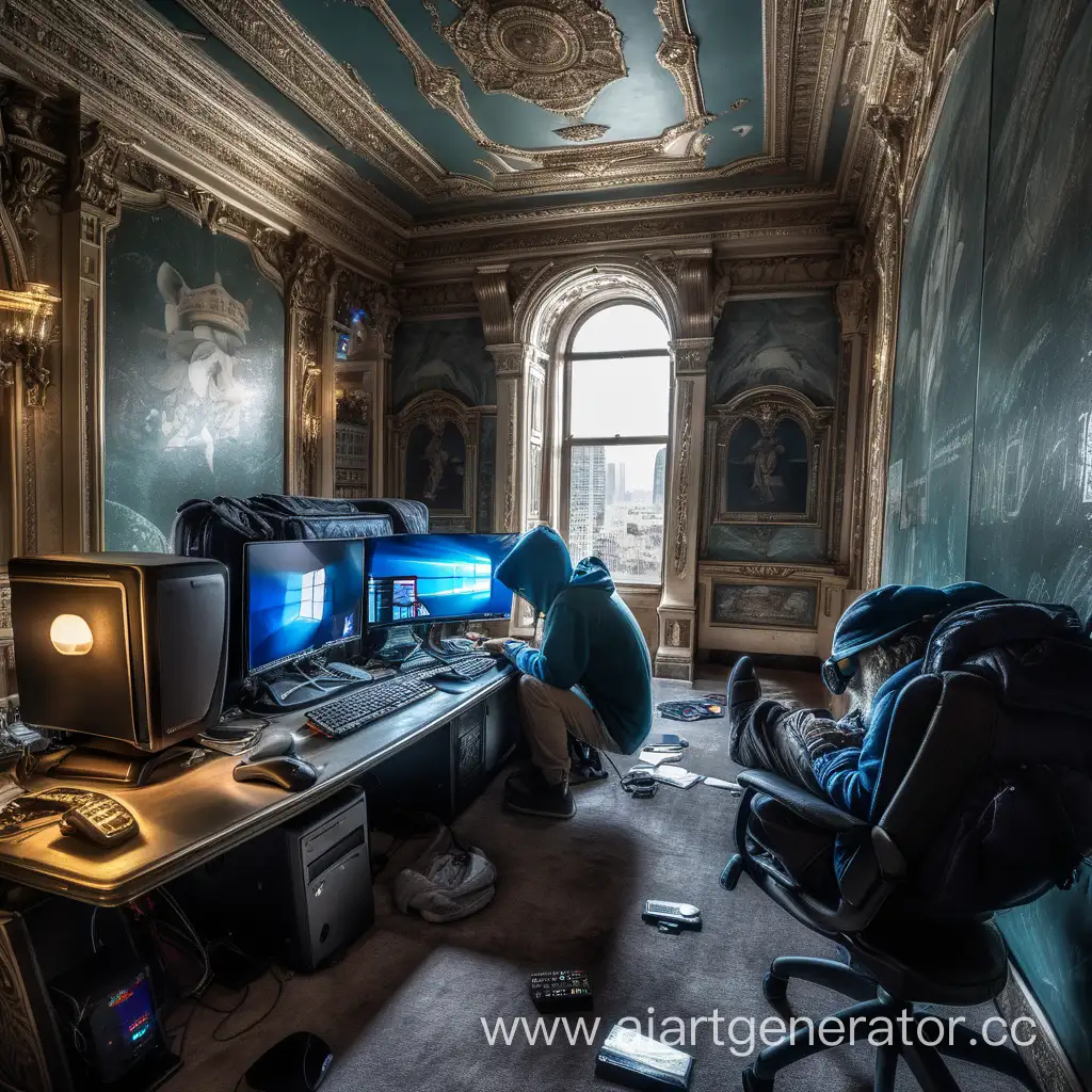 Homeless-Person-Playing-in-Luxurious-Computer-Room