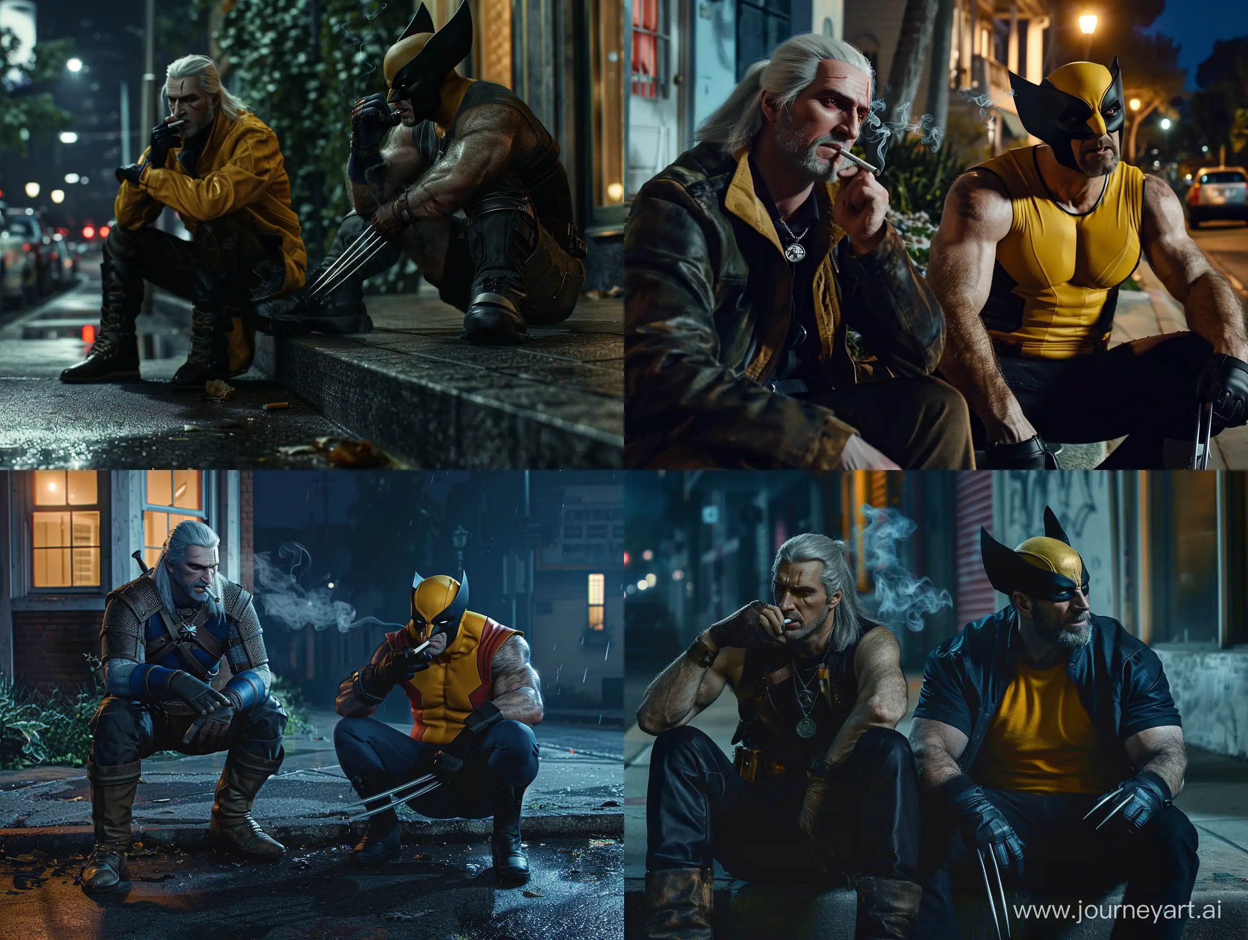 Geralt of Rivia from the Witcher 3 game and Hugh Jackman as Wolverine, sitting on the curb and smoking a cigarette, night, cinematic, ultra realistic, photography, film shot