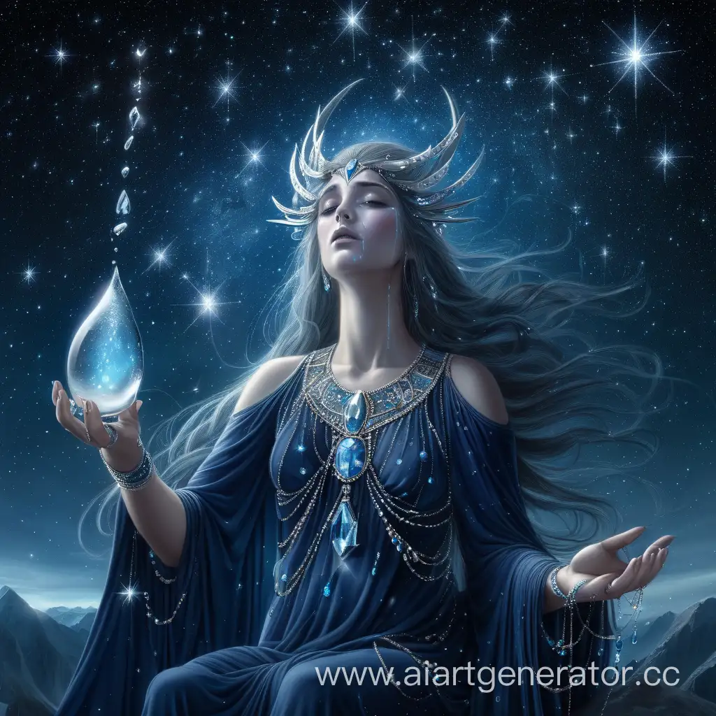 Богиня Никта льет хрустальные слезы. Вокруг нее небо из созвездий и звезд.
