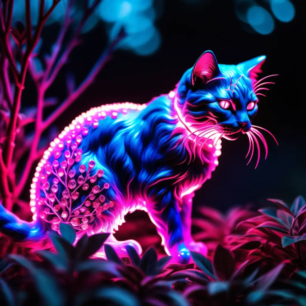 A bioluminescent translucent light indigo cat was over a bush filled with illuminating neon pink crystals, photo realistic, hyper fidelity, soft bokeh