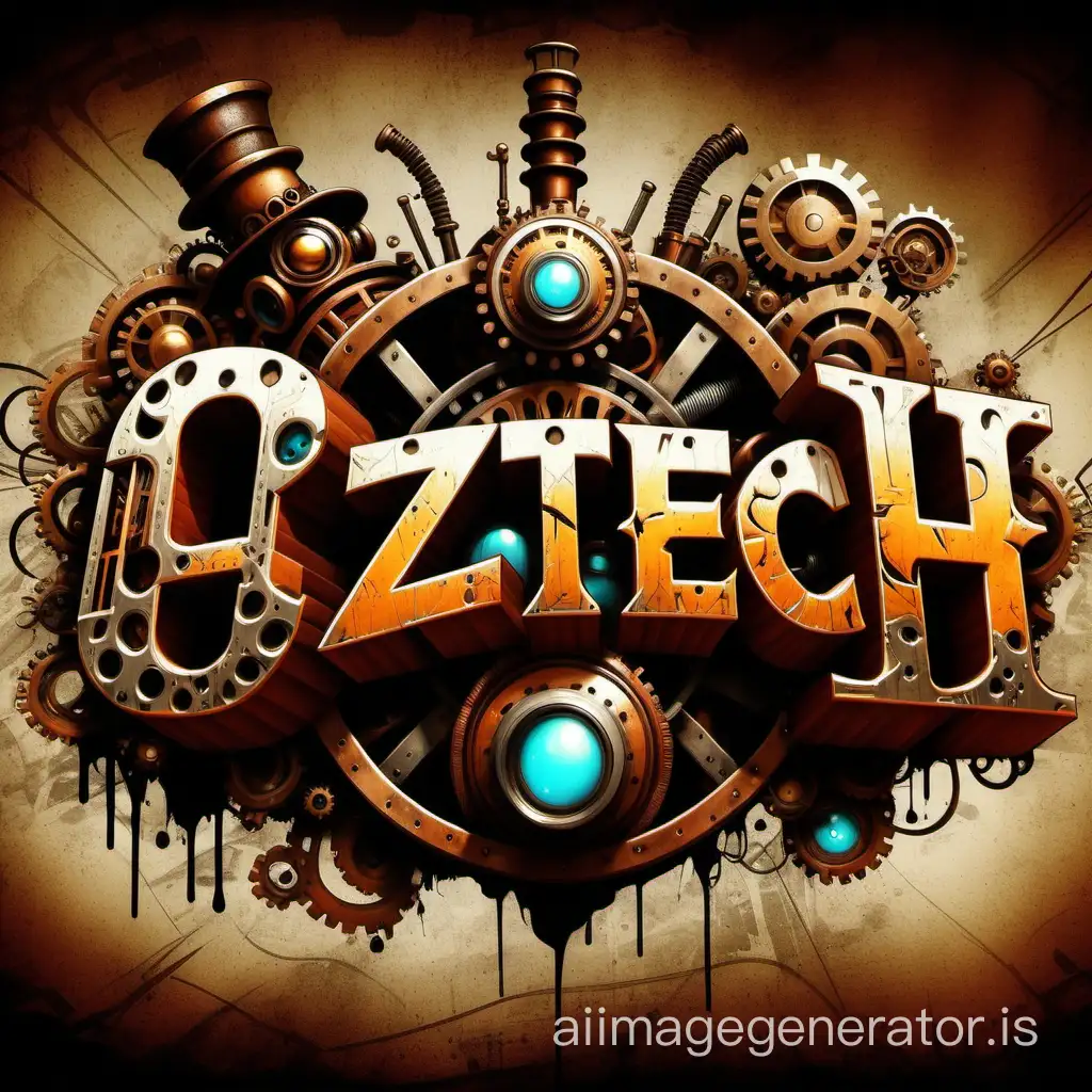 The Name Oztech in steampunk graffiti style letters