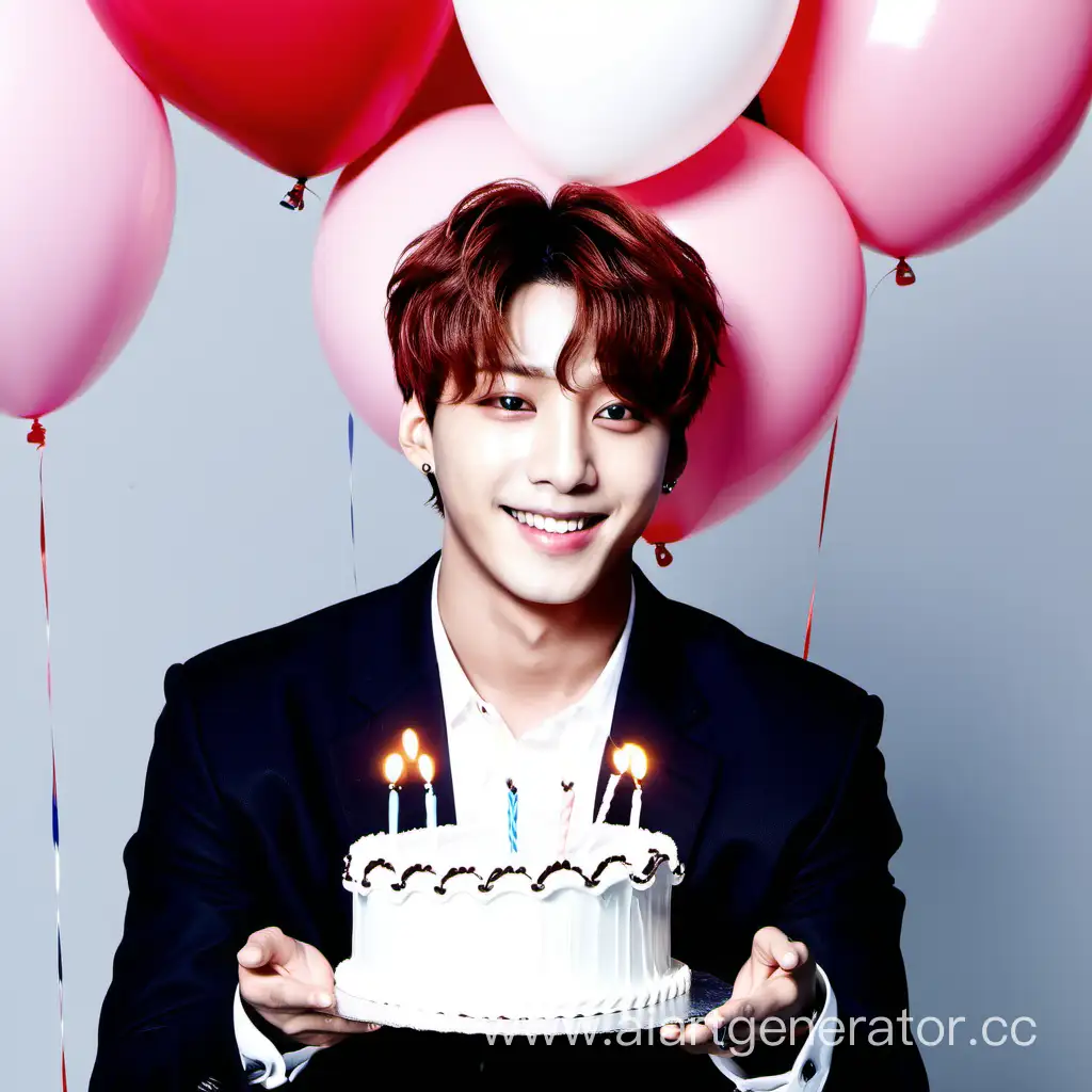 Jungkook, BTS, cake, birthday, hands, heart, smile, balloons