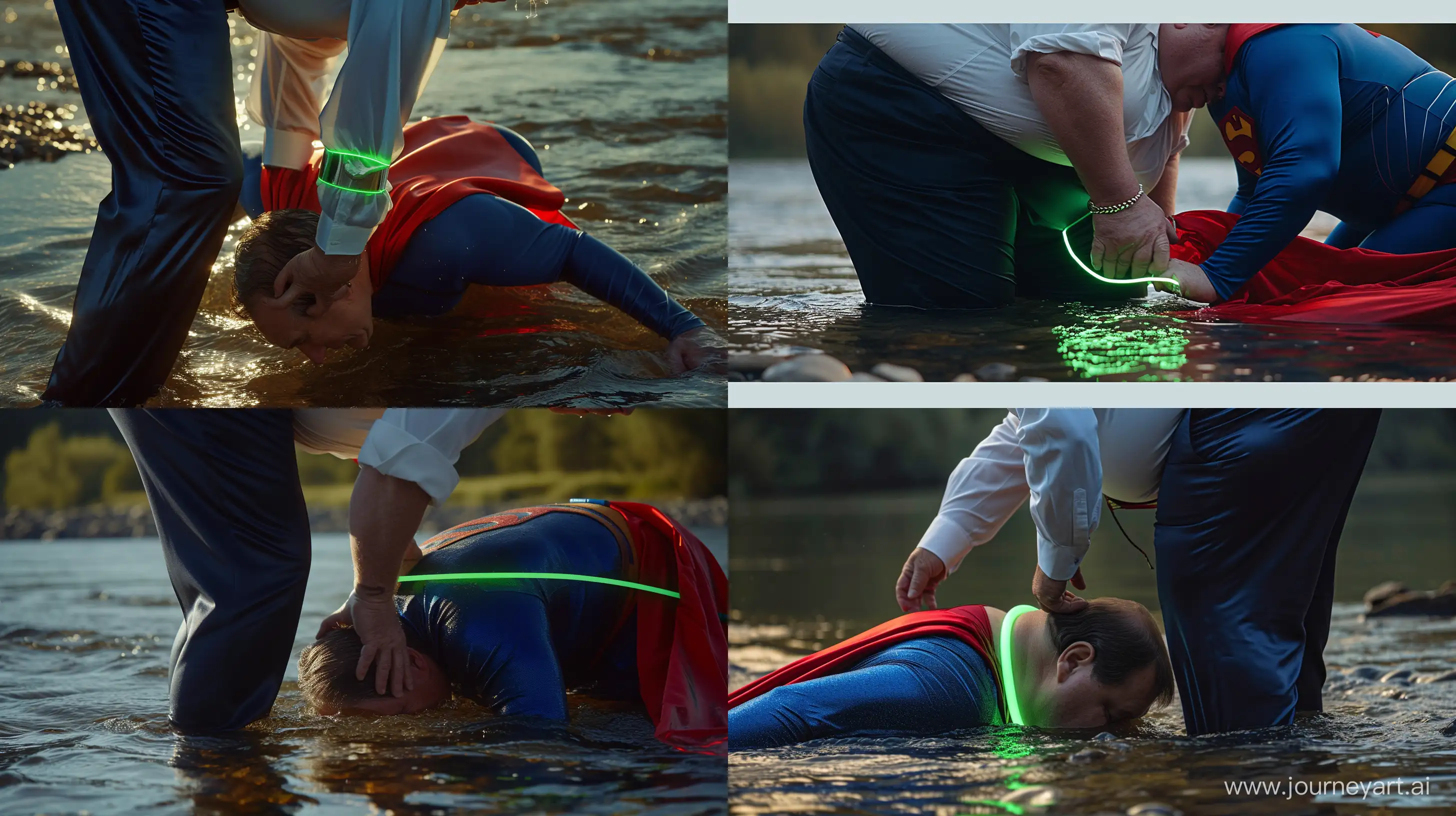 Close-up photo of a fat man aged 60 wearing silk navy business pants and a white shirt. Bending and putting a tight green glowing neon dog collar on the nape of a fat man aged 60 wearing a tight blue 1978 superman costume with a red cape crawling in the water. Natural Light. River. --style raw --ar 16:9