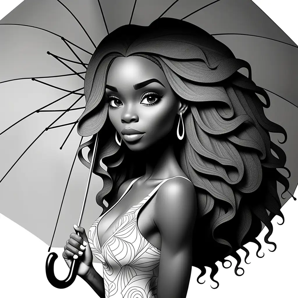 Create me a coloring book 
 page of a beautiful African American woman with long hair holding an umbrella . no shading, thick lines, no color, for coloring book 
