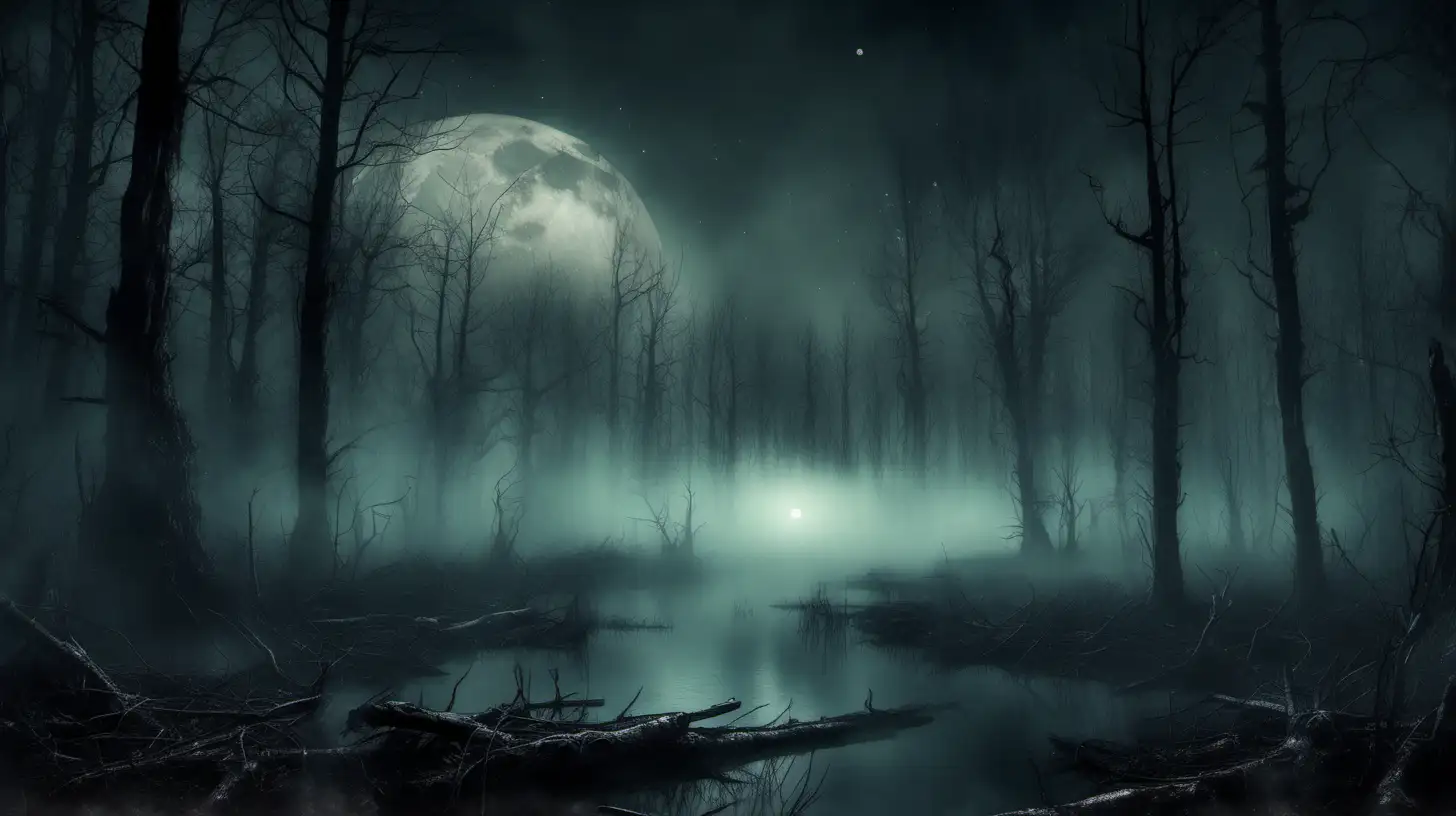noc, dwa księżyce na niebie, mroczne bagnach, dookoła bardzo stary las, mgła i dym, atmosfera horroru