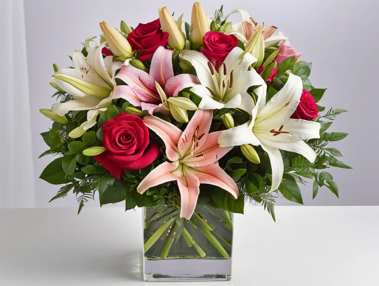 Elegant Square Vase Arrangement with a Blend of Roses and Lilies