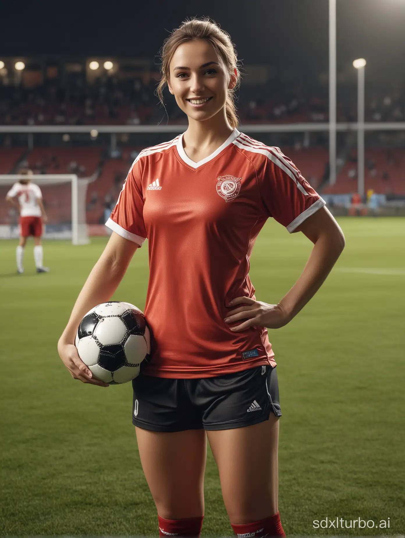 professional sports athletic woman dressed as soccer player, soccer ball, smiling, football pitch in background, (((full body visible) )), looking at viewer, portrait, photography, detailed skin, realistic, photo-realistic, 8k sharp focus, highly detailed, full length frame, High detail RAW color art, piercing, diffused soft lighting, shallow depth of field, sharp focus, hyperrealism, cinematic lighting