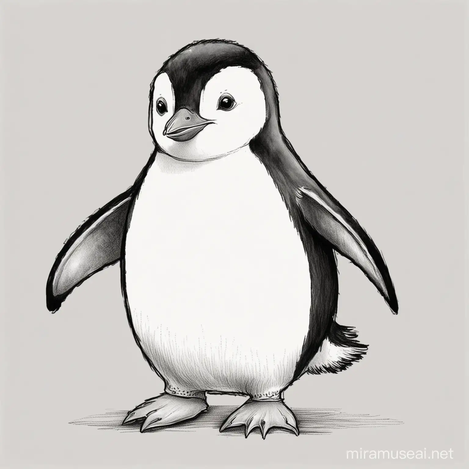 Create a simple, easy-to-color, cartoon illustration of a playful penguin that is suitable for a 3-year-old child to engage with. The penguin should evoke the charm and simplicity found in classic children's book illustrations. For this image, no specific colors should be applied as it is intended for coloring activities with children.
