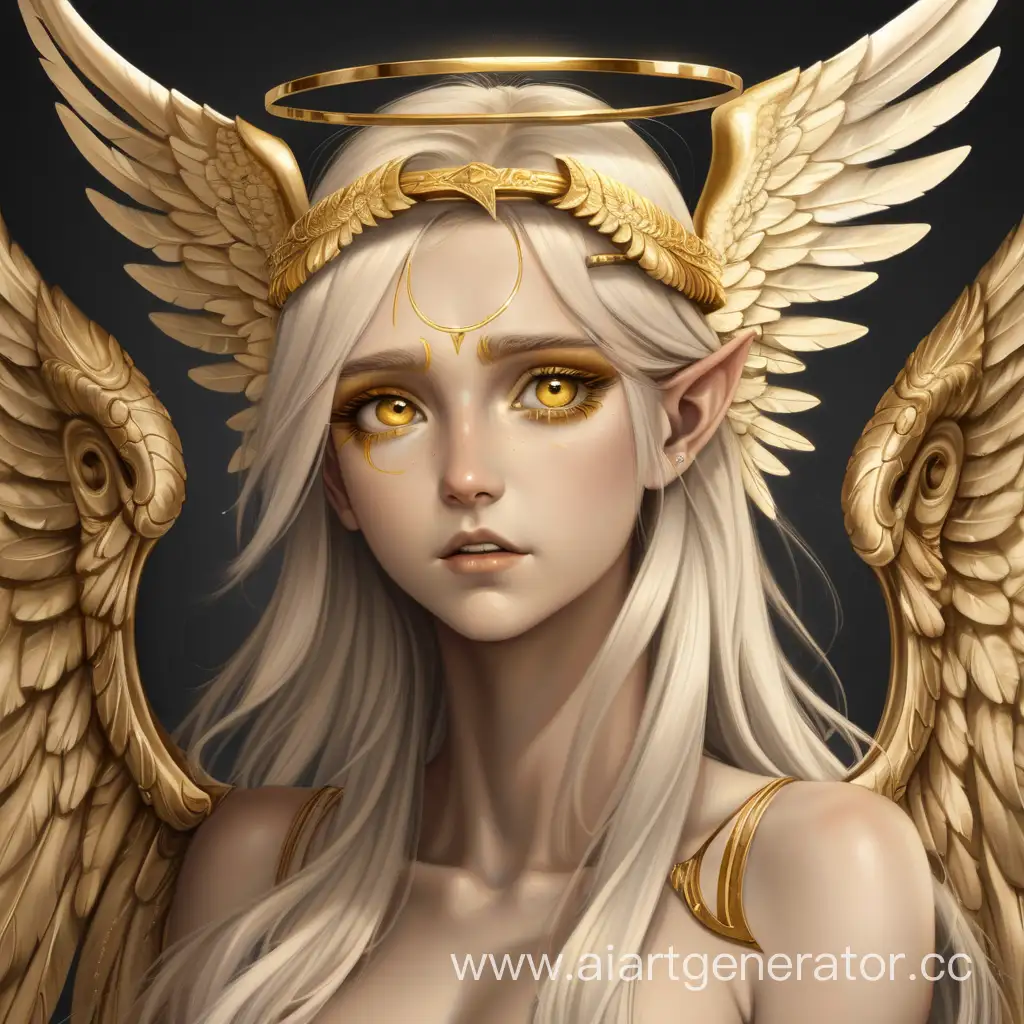 Ангел. Золотой нимб и крылья. Рога с золотыми кончиками на голове. Золотые зубы и глаза.