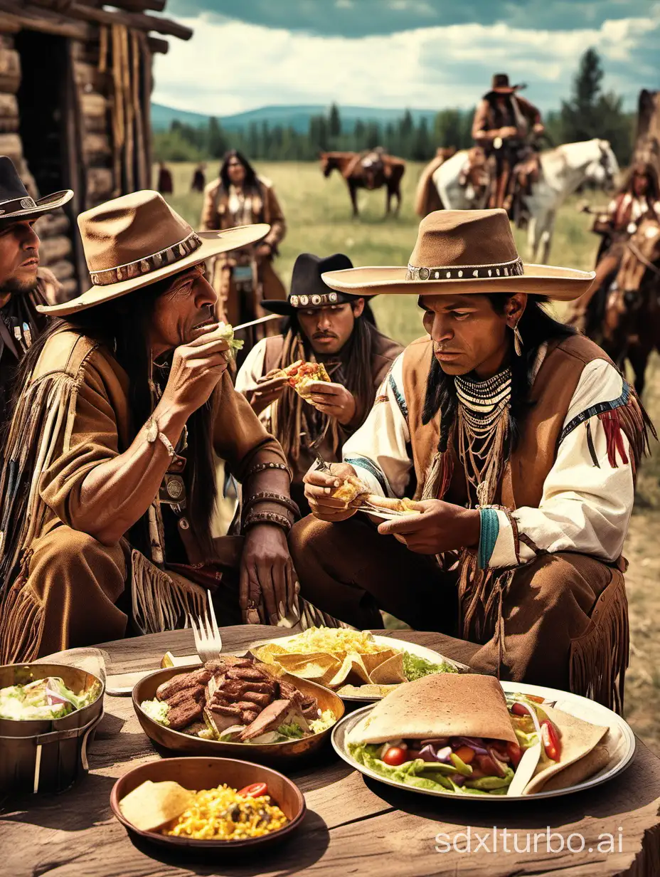 Native Americans eating German döner kebab in a Wild West setting