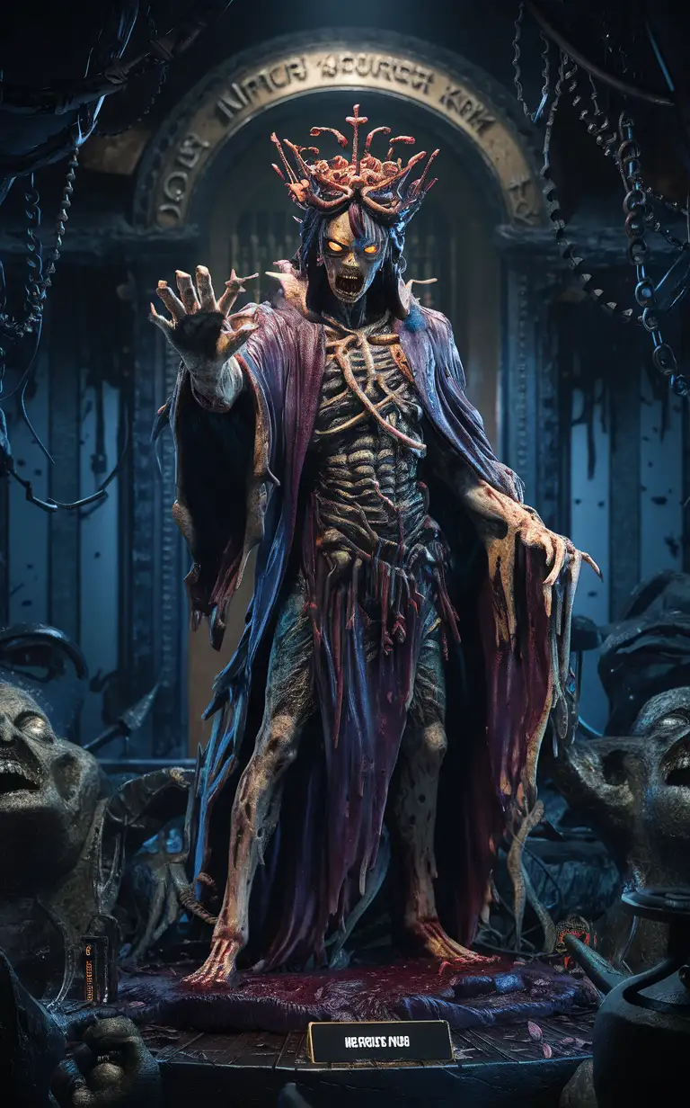 full-body The Necrotic King Figurine:, close-full-body, anime style, vector, slick bold design, glossy lines, Zombie Apocalypse aesthetic, intricate sculpting, hand-painted details,The Necrotic King figurine stands at an imposing 9 inches, commanding attention with its regal presence and decayed visage. Crafted from cold-cast resin, it depicts a zombified monarch adorned in tattered robes and a crown of bones. With its outstretched hand and glowing eyes, this figurine exudes power and malevolence. From the intricate details of the crown to the decaying texture of the flesh, every element is meticulously sculpted to convey the horror of undeath. Whether displayed as a centerpiece for tabletop gaming or showcased as a collector's item, The Necrotic King figurine is a chilling reminder of the undead's reign of terror, include name"The Necrotic King" crisp zombie text, volumetric lighting, refined by Add_Details_XL-fp16 algorithm, 4D octane rendering, macro softening, V-Ray execution, global illumination, precise line art, pop art consumerism, elegant perfectionism, 4k resolution