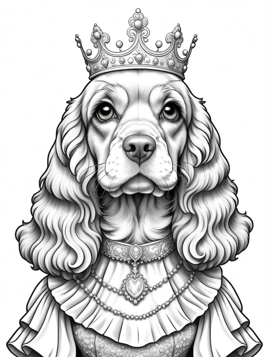 clean black and white only, plain solid-white background, highly detailed, bust shot, Generate an adult coloring book page featuring an English-inspired image of an Cocker Spaniel dog dressed as a princess and wearing a Royal dress.