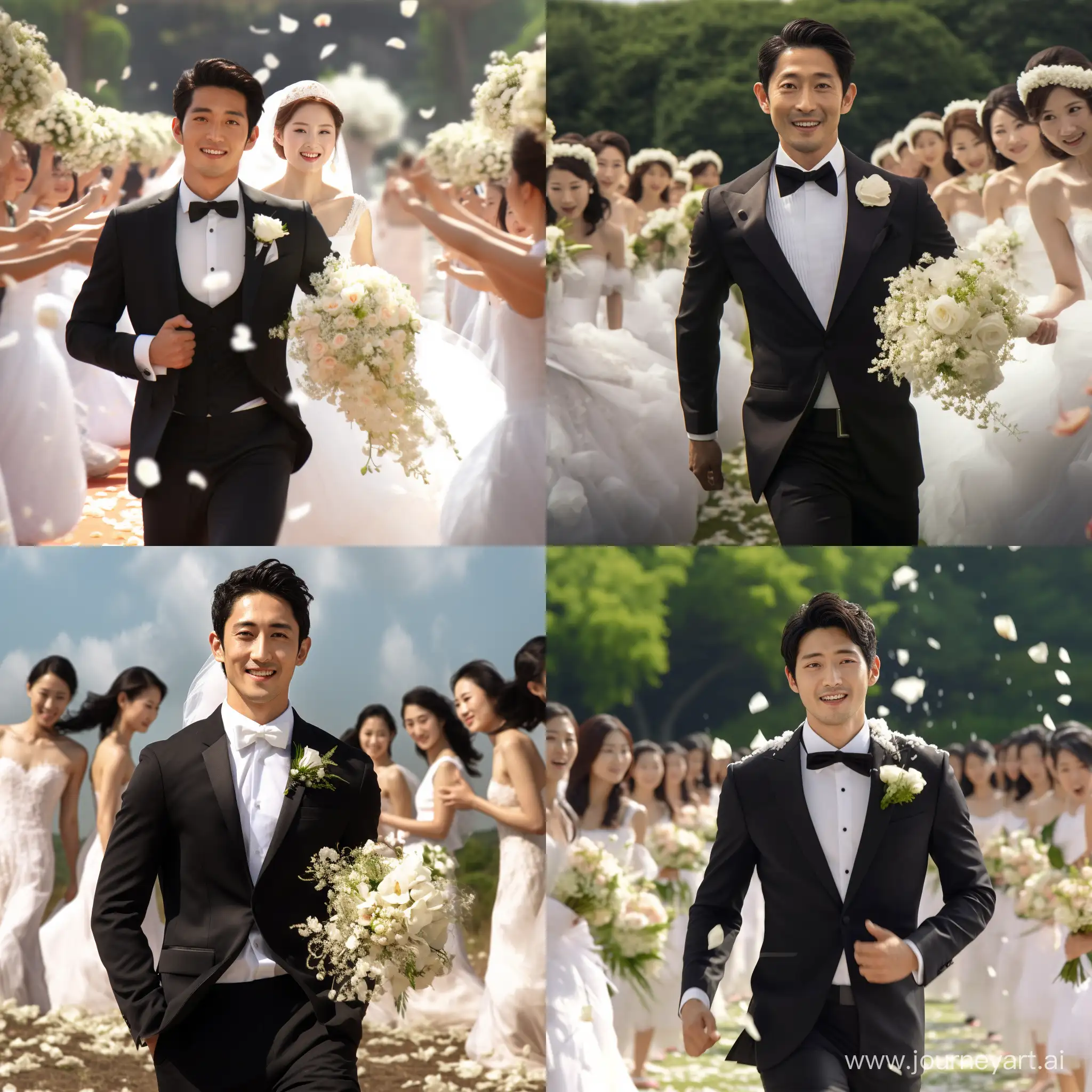 The groom - a typical Japanese man in a sleek black wedding suit, holding a bouquet of flowers in his hand, running away from a crowd of European-looking brides in white wedding dresses. (best quality,4k,8k,highres,masterpiece:1.2), ultra-detailed, (realistic,photorealistic,photo-realistic:1.37), studio lighting, vivid colors, sharp focus, physically-based rendering, extreme detail description, professional, portraits, traditional Japanese setting, contrast of black and white attire, fast-paced motion, panic, mix of modern and traditional elements, dramatic lighting, dynamic composition, European architecture in the background, cherry blossom petals in the air, vibrant and saturated red and white colors, moody atmosphere, suspenseful narrative, cinematic style