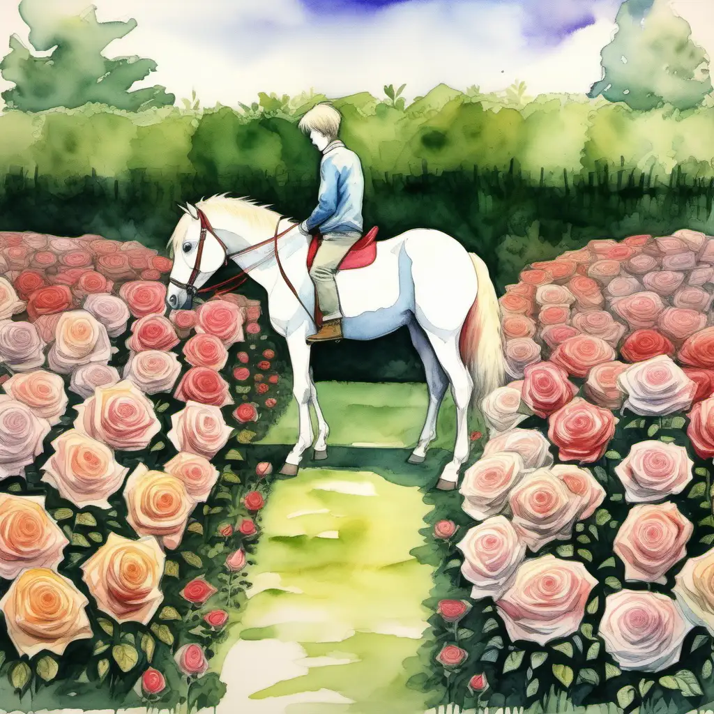 Enchanting Rose Garden with Pony and Teenage Boy in Watercolor Style