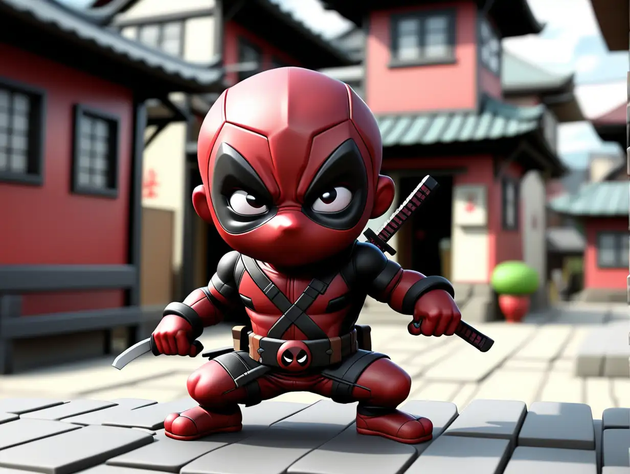 small sweet cute ninja in Deadpool optic in a typical ninja town. show the complete body