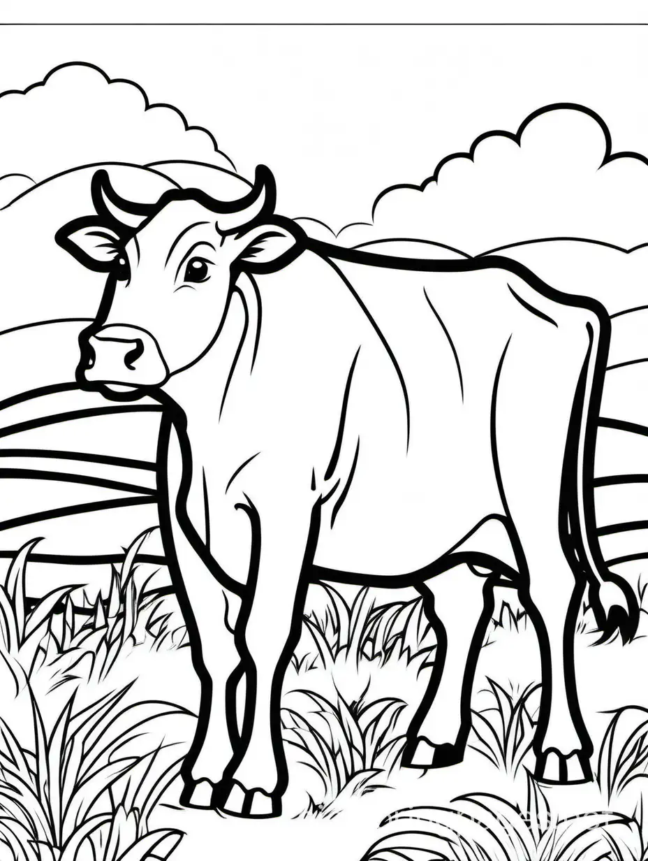 cow, Coloring Page, black and white, line art, white background, Simplicity, Ample White Space. The background of the coloring page is plain white to make it easy for young children to color within the lines. The outlines of all the subjects are easy to distinguish, making it simple for kids to color without too much difficulty