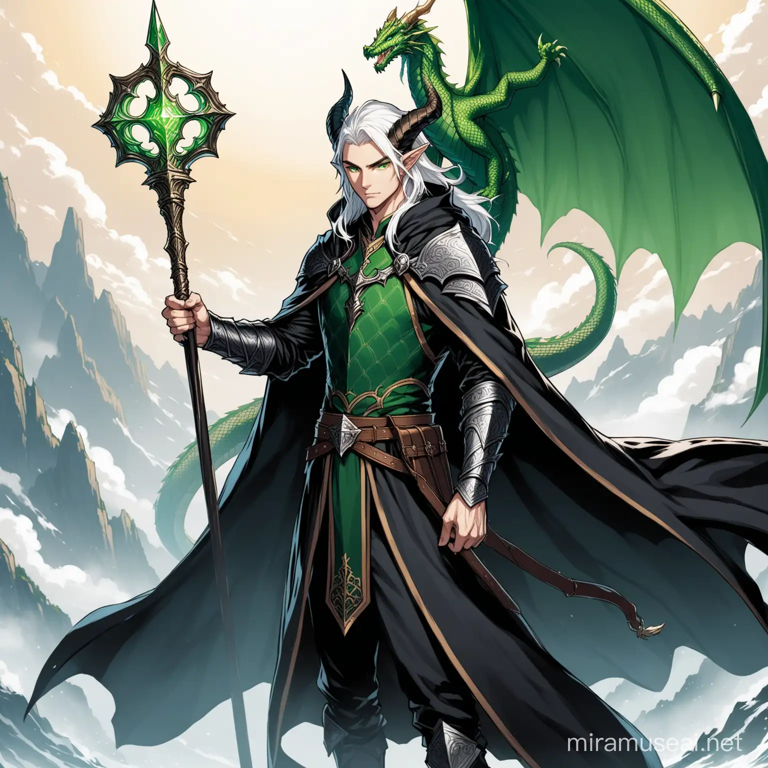 dnd slim male with green eyes and white hair with dragon horns wearing black fancy cloak  holding a staff and a sword at his hilt