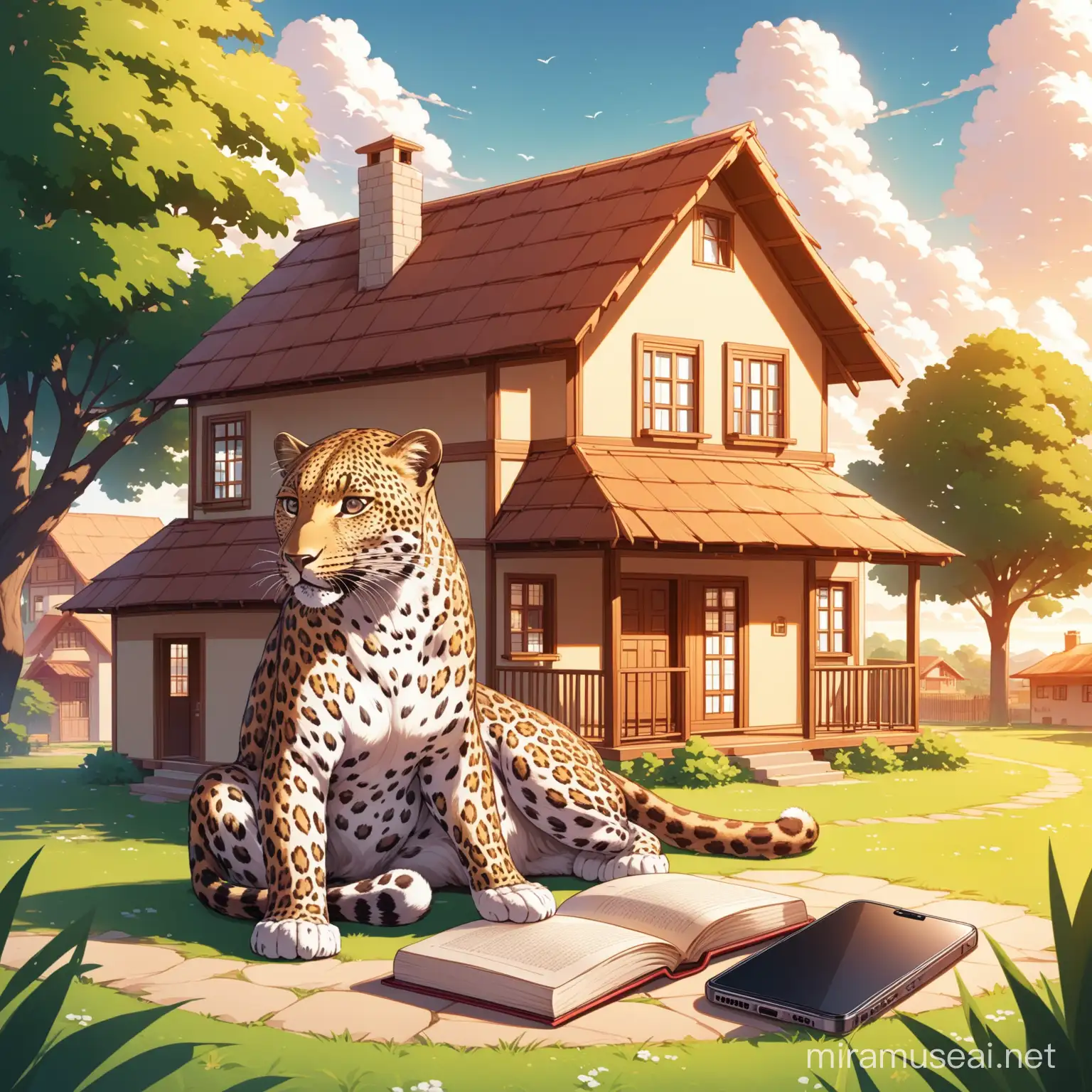 a leopard, a house, a phone, a book