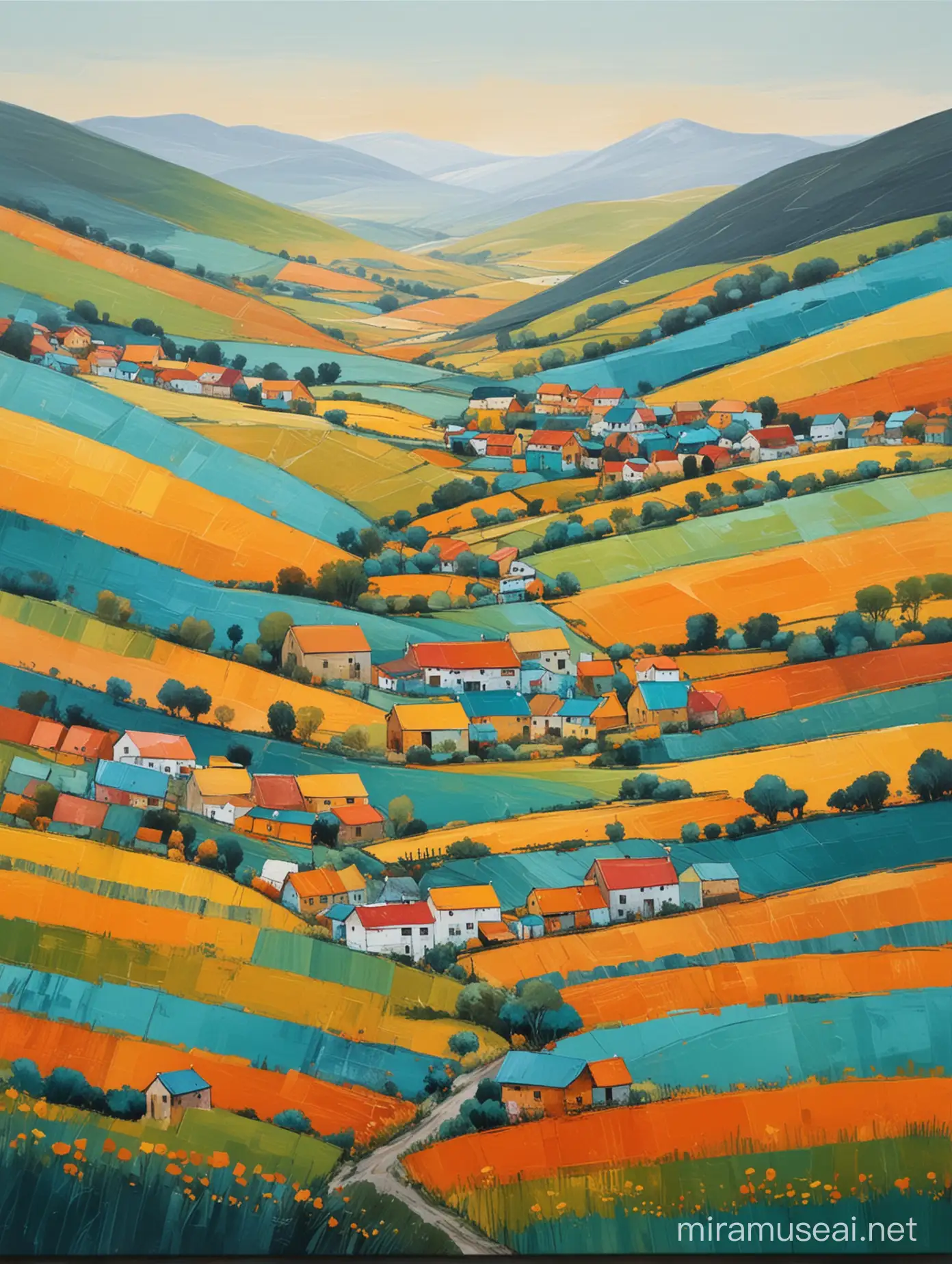 Vibrant Square Shaped Farms Painting Colorful Acrylic Minimalism