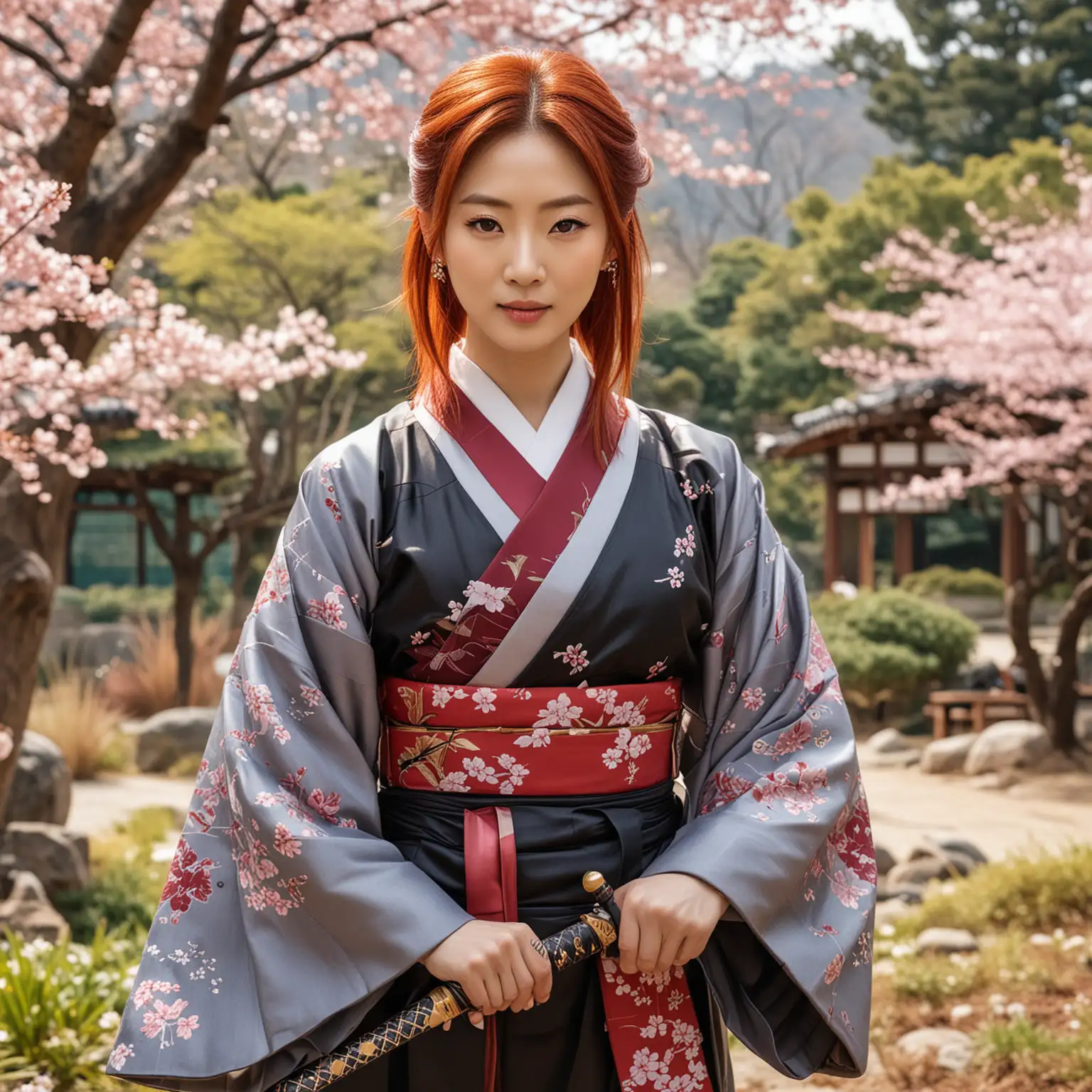 A 40 years old Bae Doon as a futuristic Korean swordswoman. She is dressed in a high-tech kimono. She is in a Japanese garden with blossom all over the ground. She has red hair, looks confident, large eyes with a wry smile, ready for sword practice 
