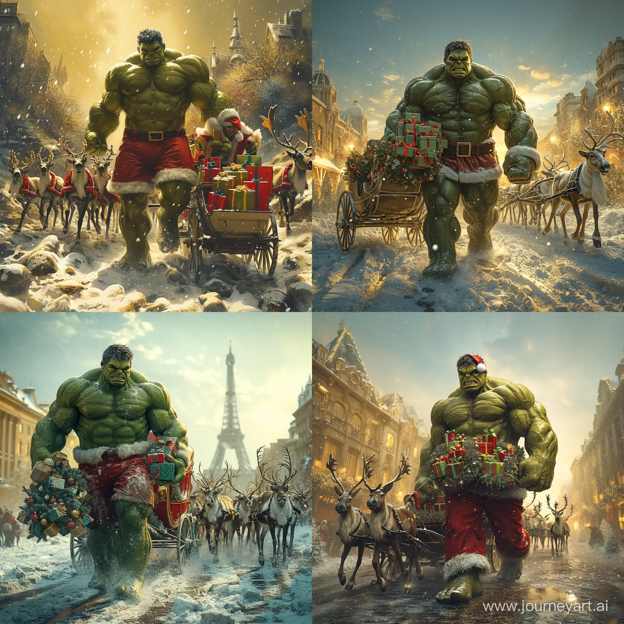 A full body The Hulk as Santa Claus carries gifts behind Santa's carriage and a group of reindeer
, detailed, photo relaistic --stylize 750 --v 6