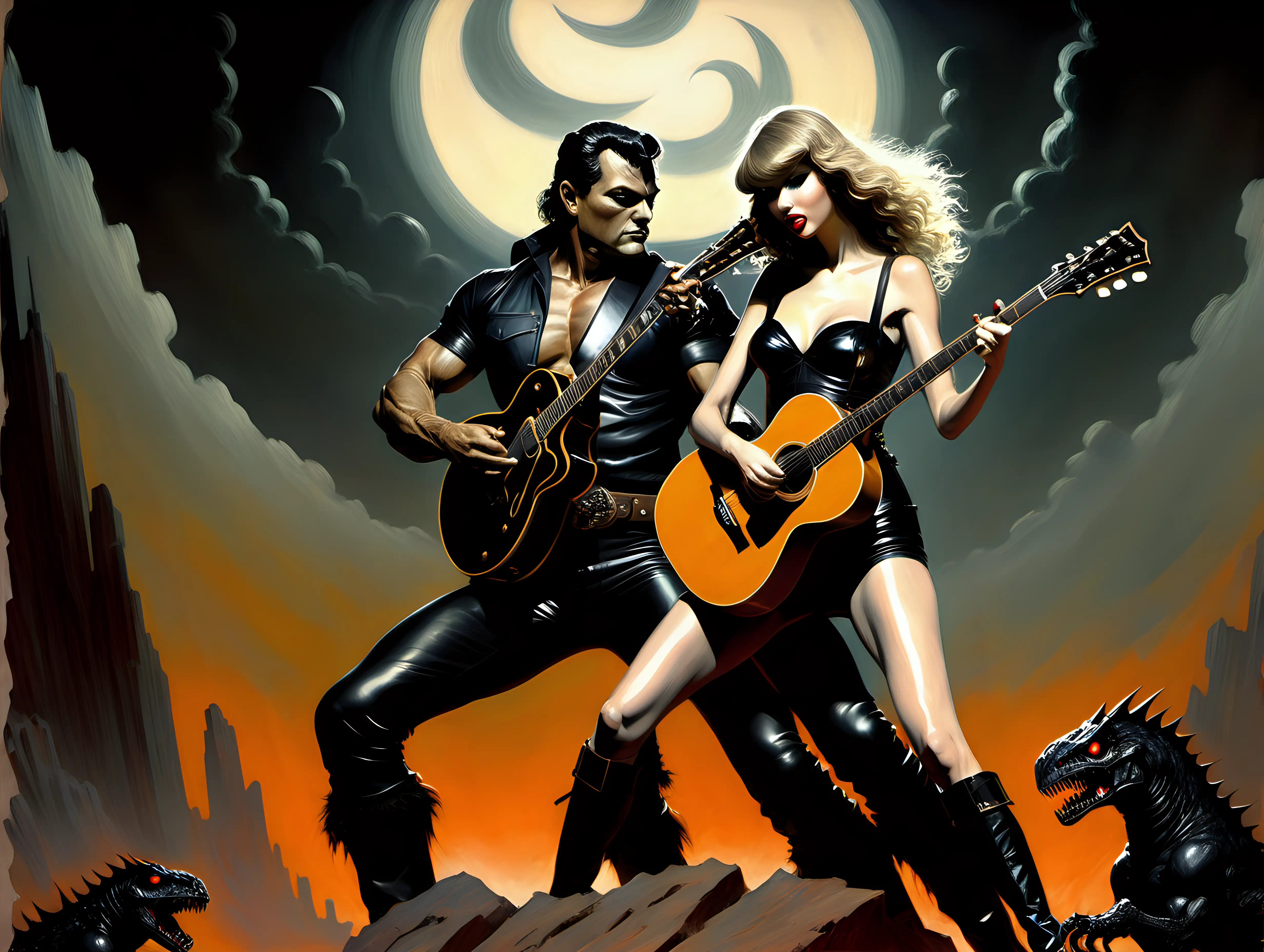 Billy Gibson and Taylor Swift in black leather playing guitar in the style of Frank Frazetta