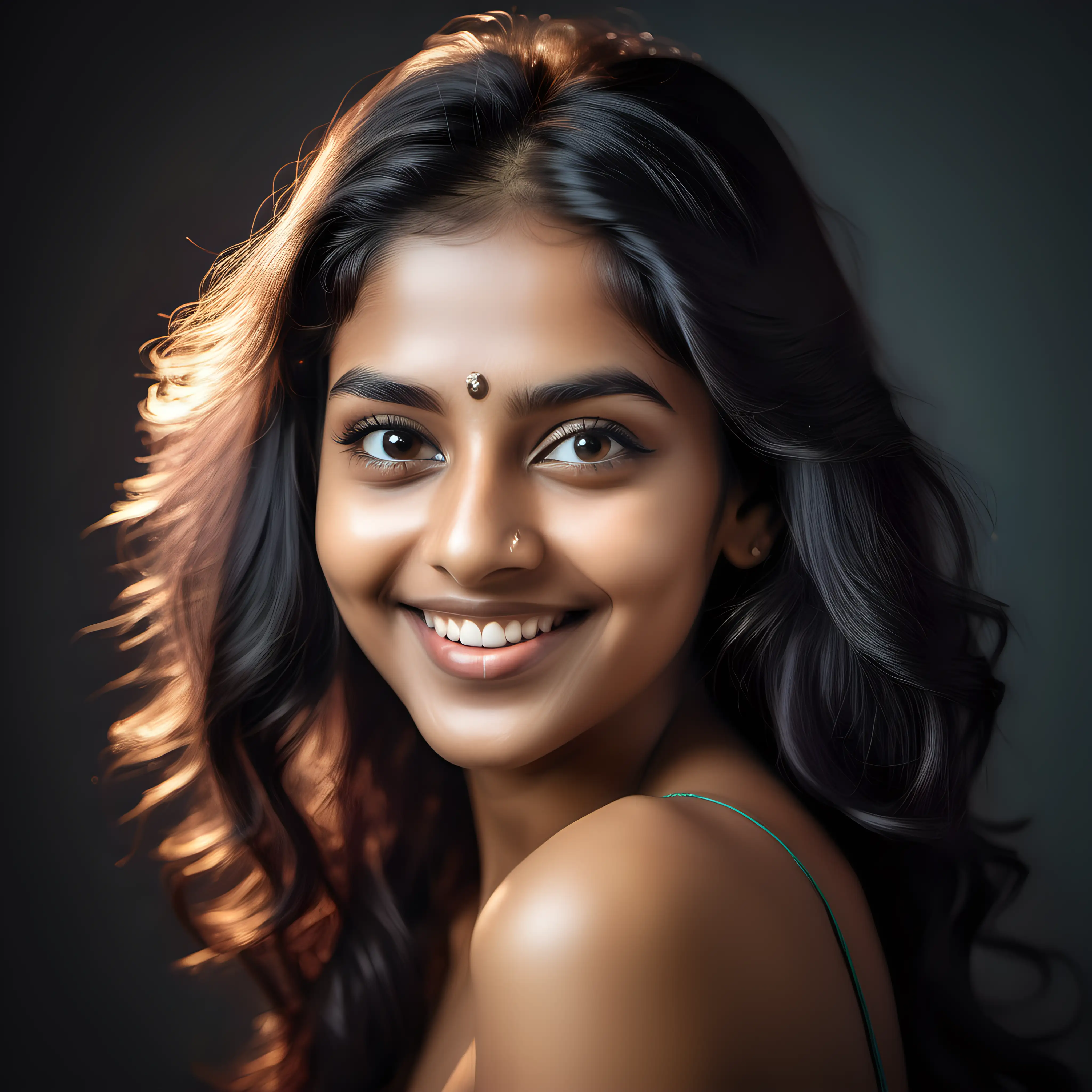a portrait of young indian looking georgous lady with bright glowing skin, fairy hair, warm smile portrait photo with   clear skin and clean hair