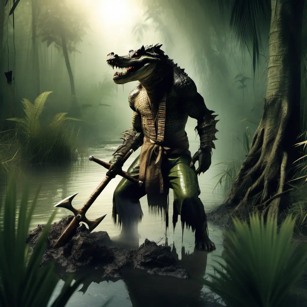crocodile man lycanthrope in the jungle swamp. holding war hammer.  photo realism. 