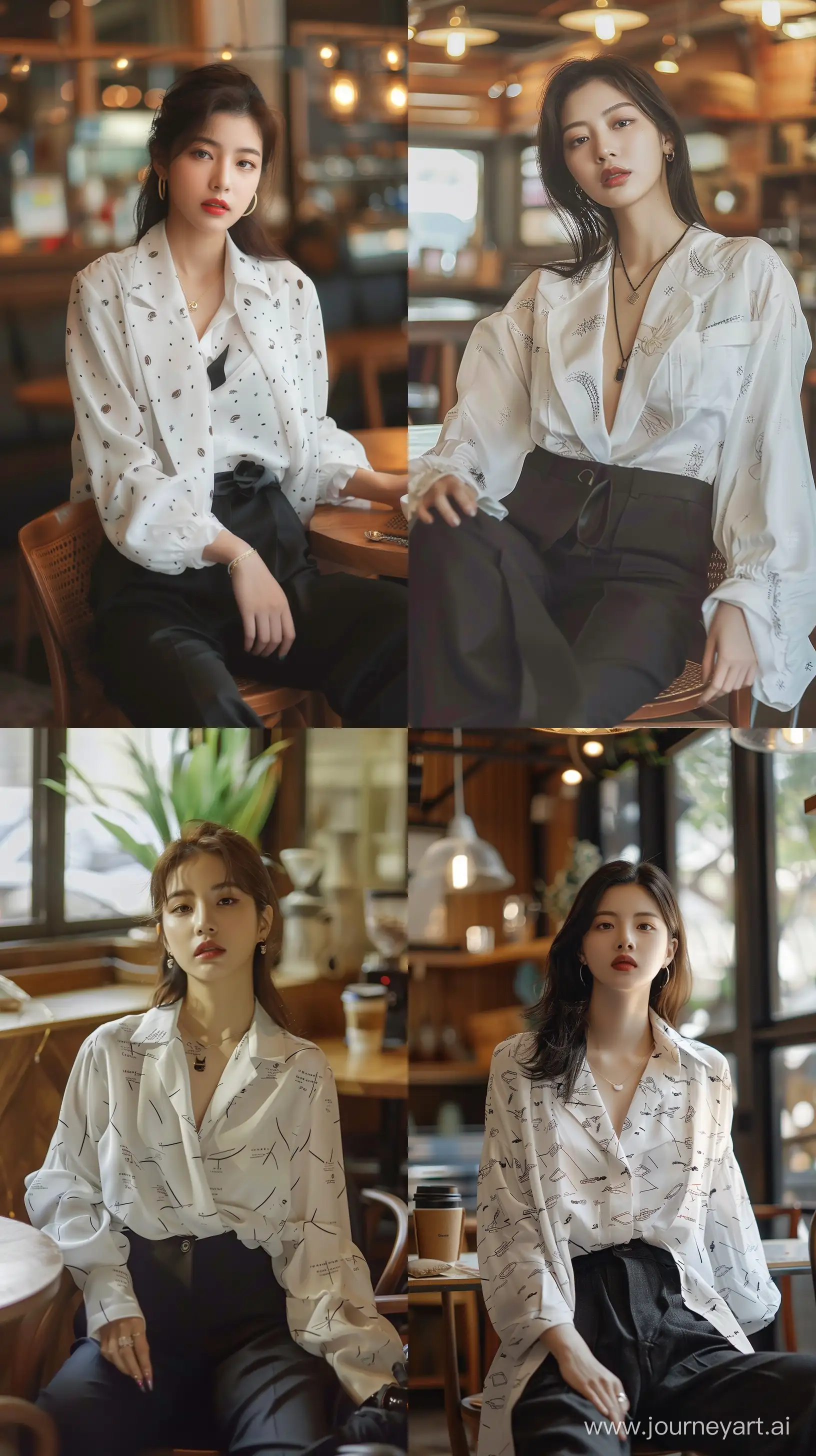 A beautiful Asian woman ,wearing white oversize motived blouse and black oversize suit pants sit on cozy coffee shop,a youthful appearance,profile, and facial features resembling Blackpink's Jennie. --ar 9:16 --v 6