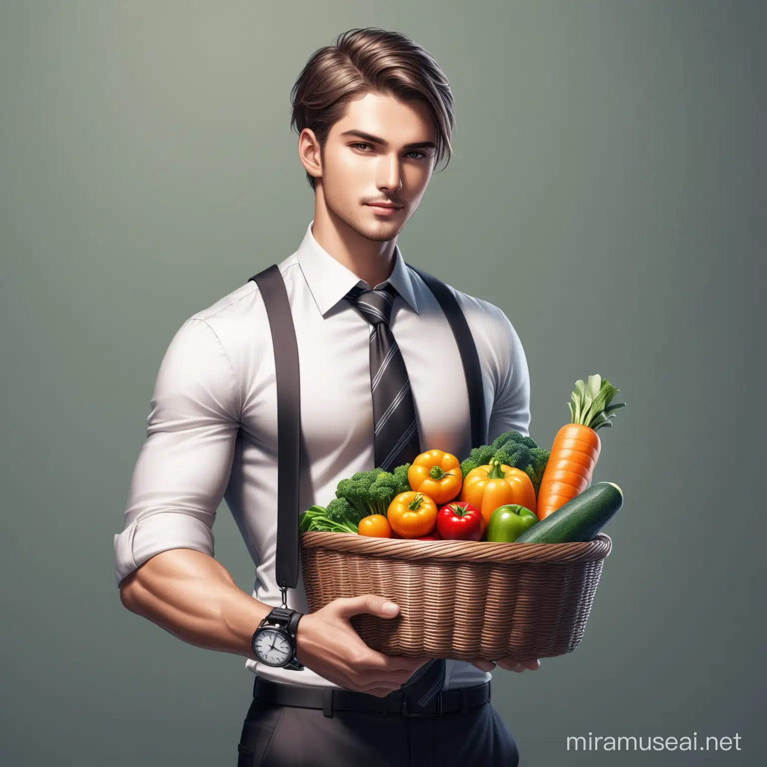 A handsome young man is carrying a basket of vegetables and fruits on his shoulder with one hand, while he has rolled up the sleeves of his shirt, wearing a black watch on his wrist, and also has a tie on his shirt, hyper realistic 3D