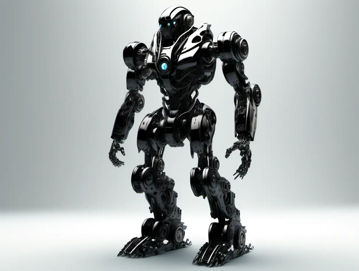 A black titanium futuristic robot against a solid white background, no shadows. Highly detailed, photographic quality.