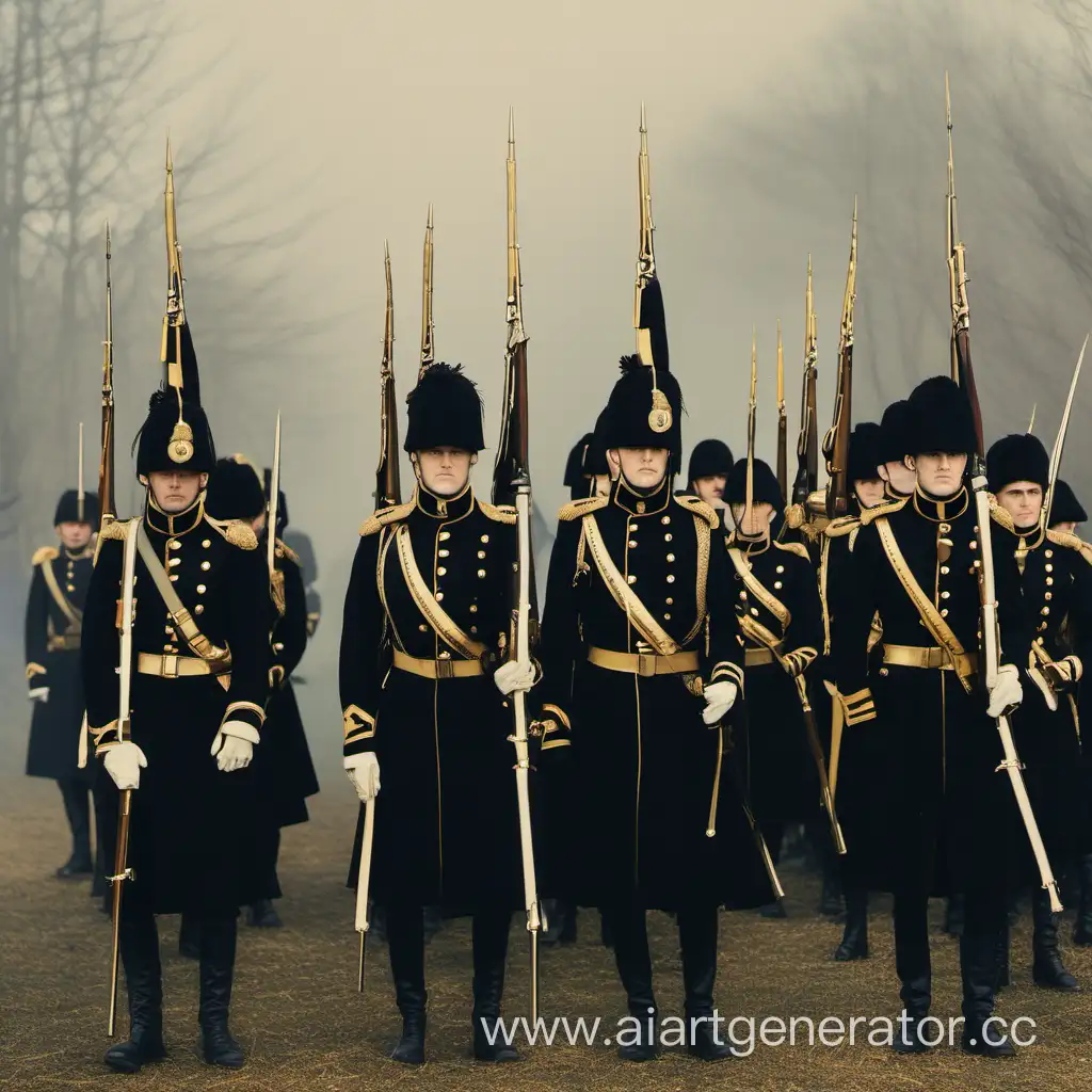 Солдаты в чёрных шинелях и чёрных фуражках с золотыми кокардами стоят смирно, в руках у них винтовки с штыками