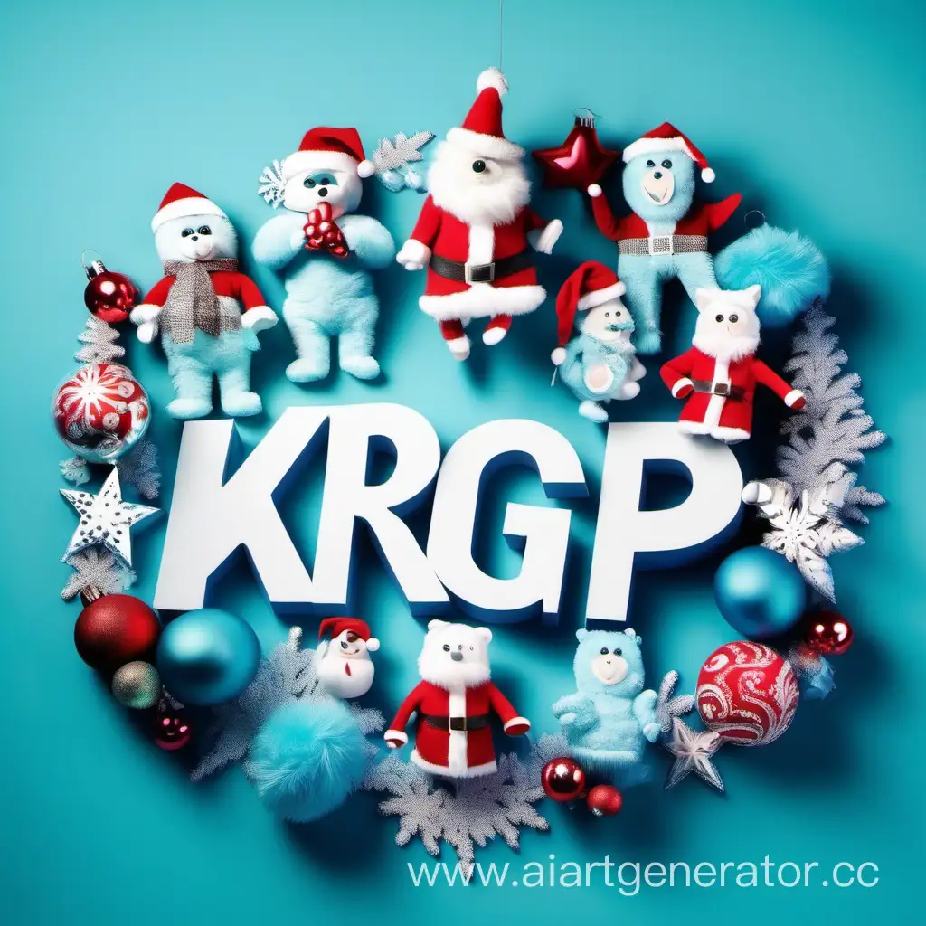 буквы KRGP сделать пушистыми и ёлочными украшениями, чтобы буквы KRGP были в центре событий, цвет синий фон и 9 человек