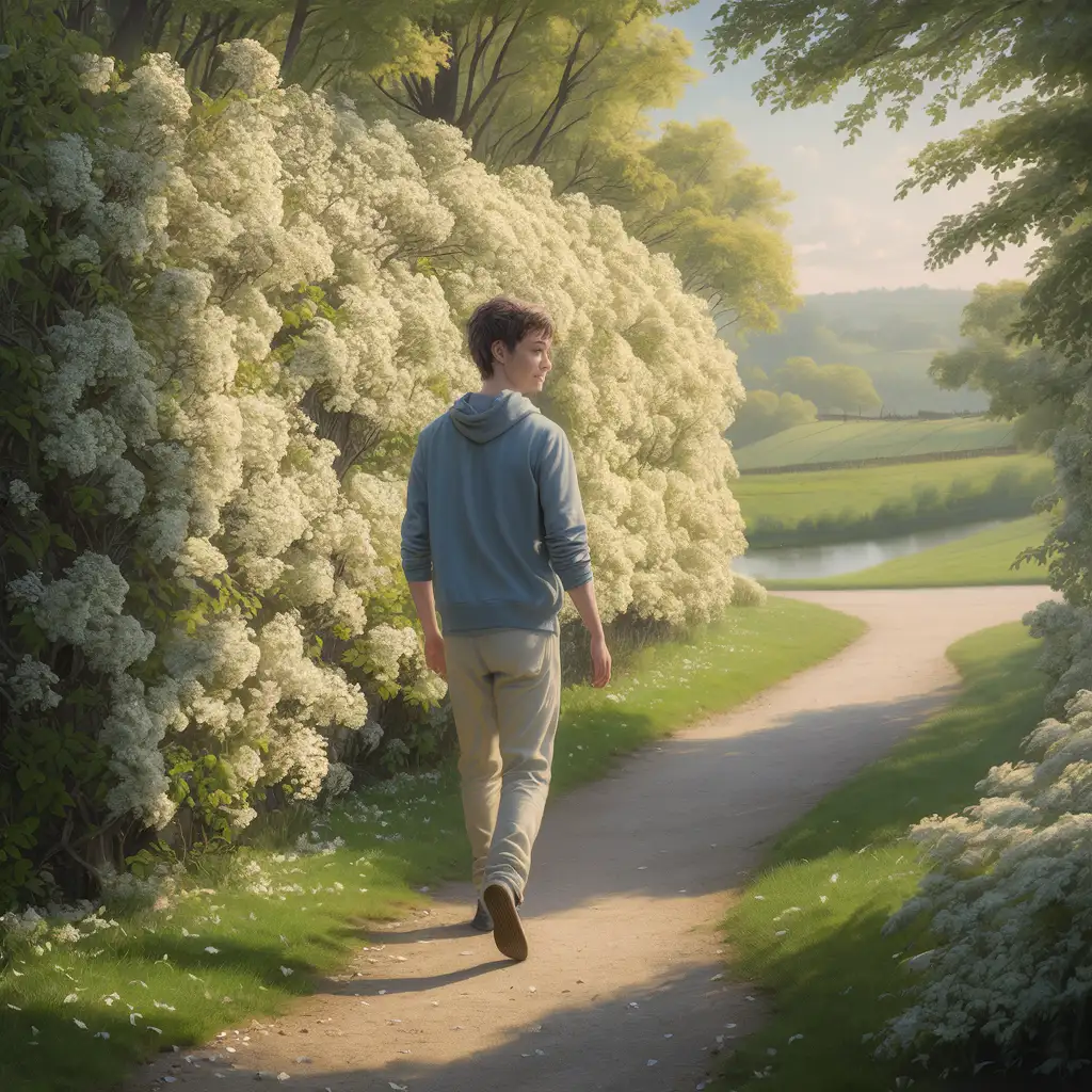 Young Man Admiring Blooming Hawthorn Hedge