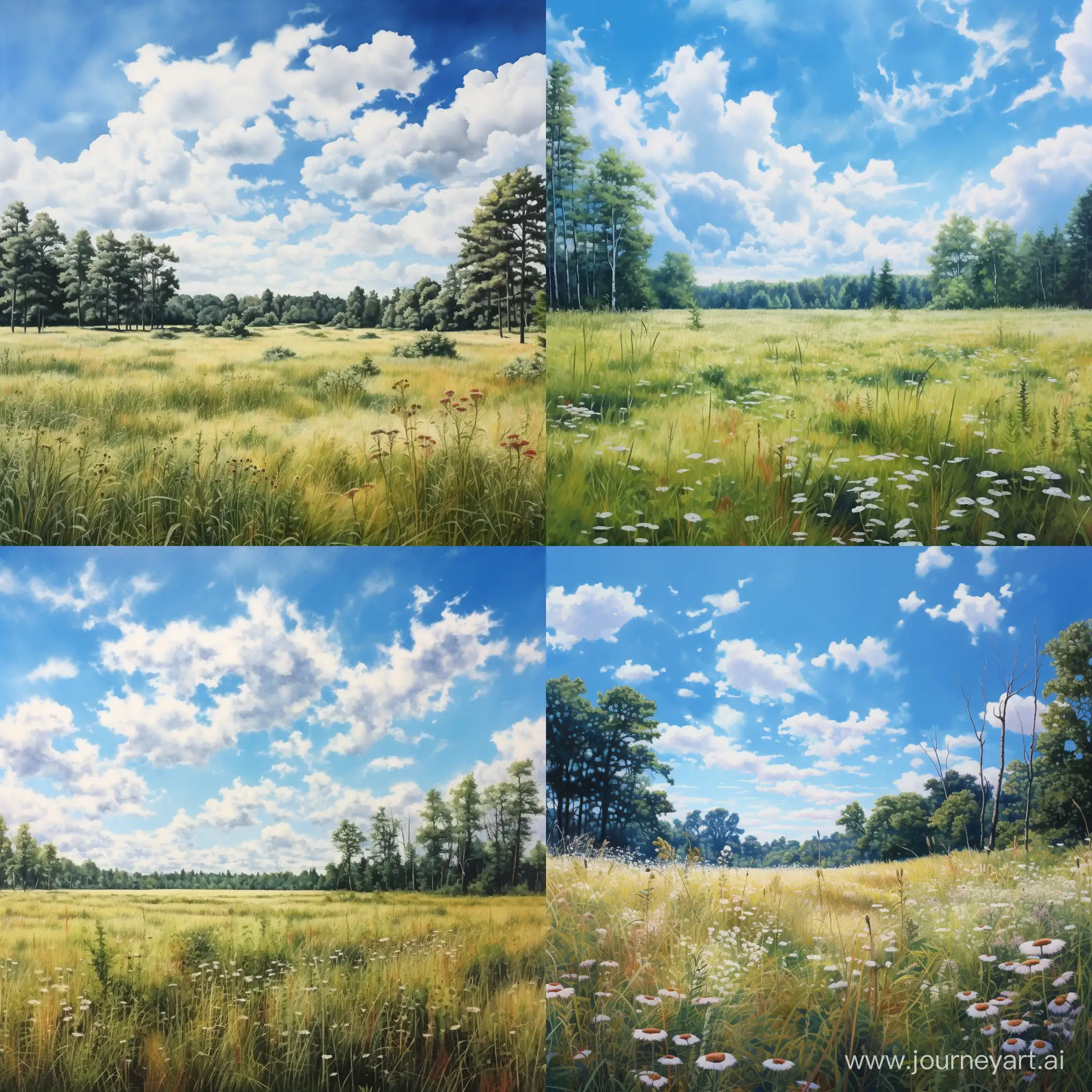 blue summer sky with small clouds and forest, grass, summer atmosphere, photorealism
