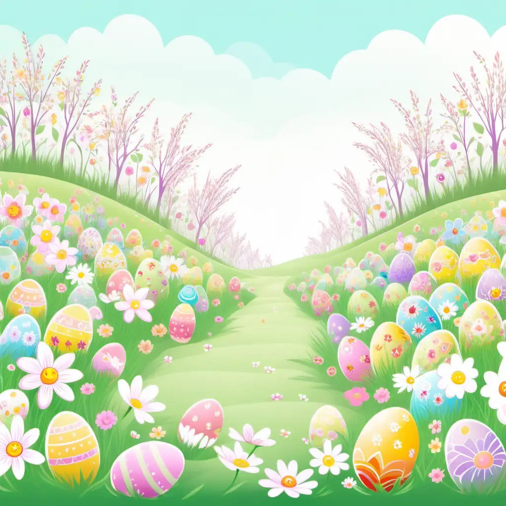 fairytale,whimsical,cartoon, easter ,spring flower field,
bright pastel, white background,