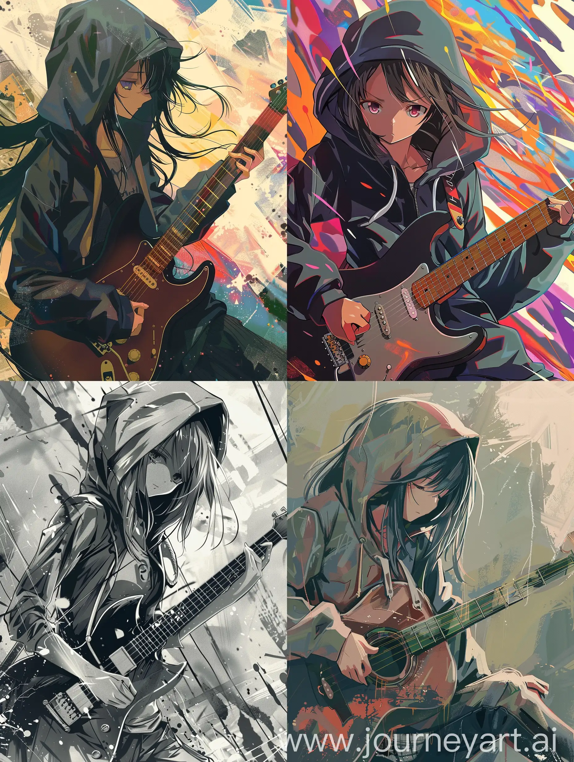 anime girl wearing hoodie, playing guitar, with abstract background, strong lines