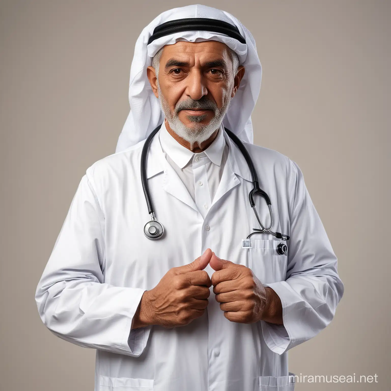 Elderly Arab Man in Doctor Attire Engaged in Direct Conversation