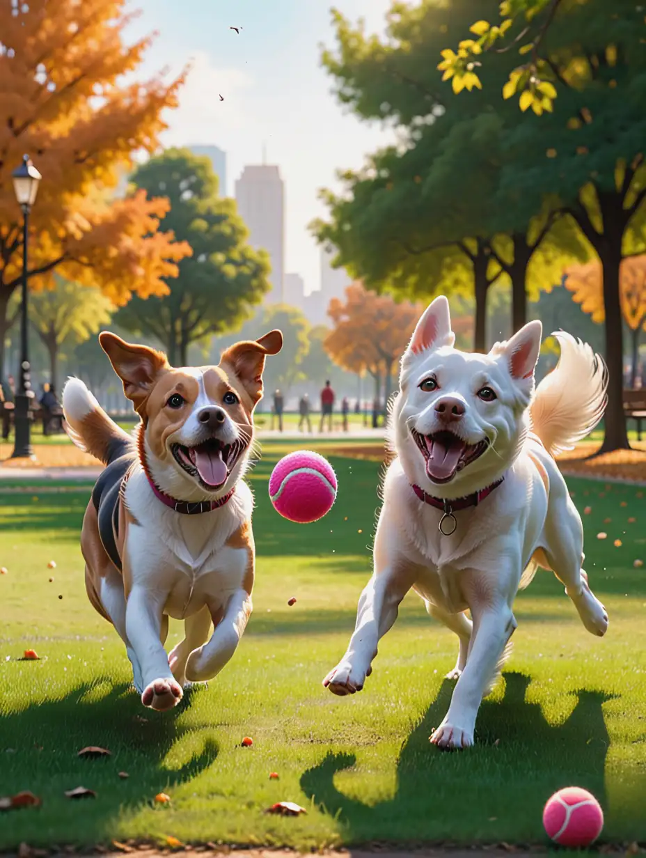 Two dogs playing fetch in a park.