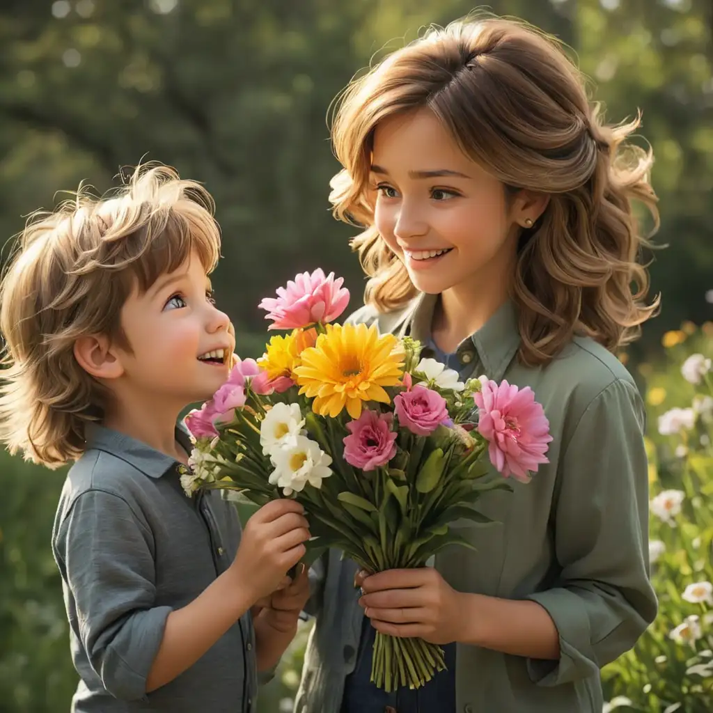 Son Presents Flowers to Mother on Mothers Day