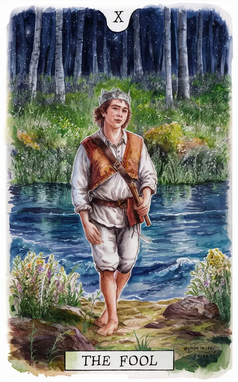 tarot card the fool , midsummer night aesthetics, dense russian forest, the stars  reflected in the river waves, slavic fairytale young man enters the dark forest, herbs and flowers,  aquarelle style, magical, silver pigment, watercolor drawing