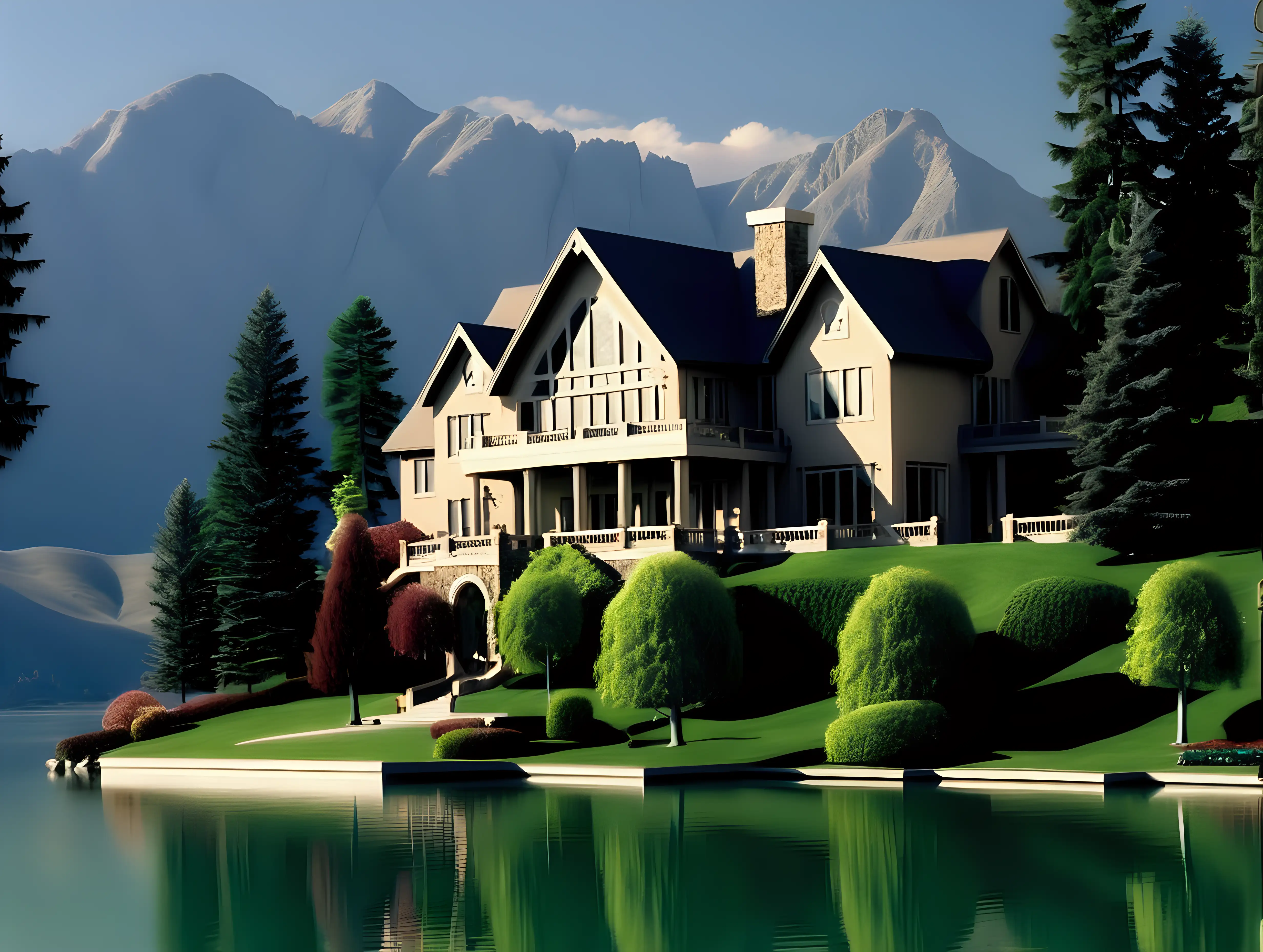 large house, mountains, trees, lake