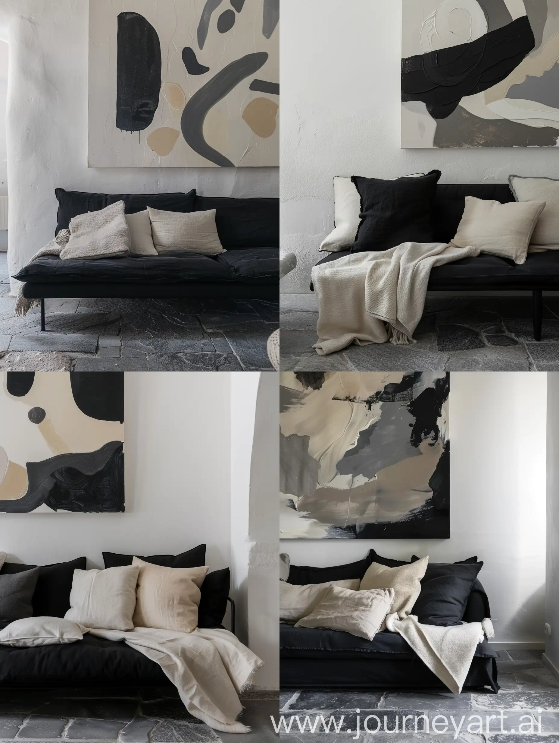 dettaglio di un divano nero con cucini e coperta color crema pavimento gres grigio parete bianca liscia con quadro astratto grigio nero e crema