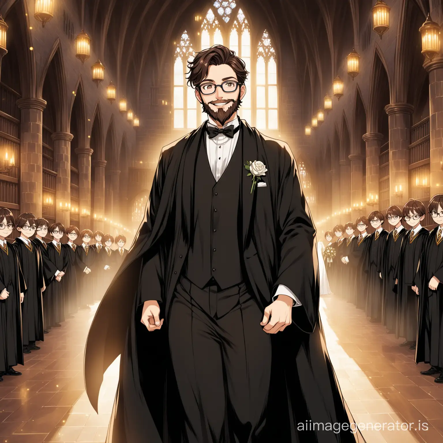Anime styled happy man with short dark brown hair, with brown eyes and glasses, beard, wearing a wedding tux and Hogwarts black robes on top.