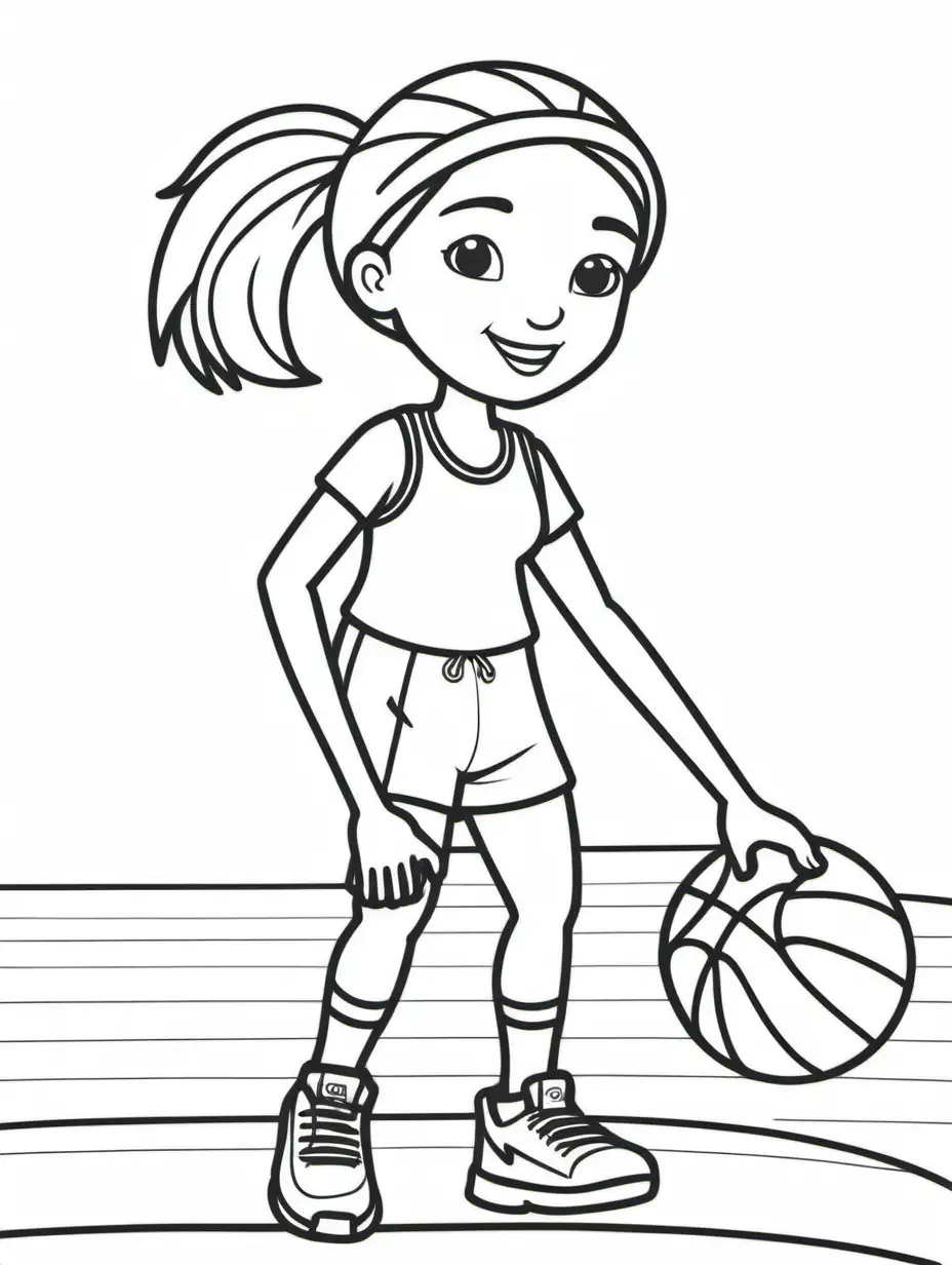 can you create a girls in sports kids themed coloring book page, no colors, no black infill, no grey infill, thin lines, high dof, 8k, ar 85:110, Simple line art, One line, line art, Clean and minimalistic lines, Simple detail Minimalism Line drawing, fun child friendly background, low detail